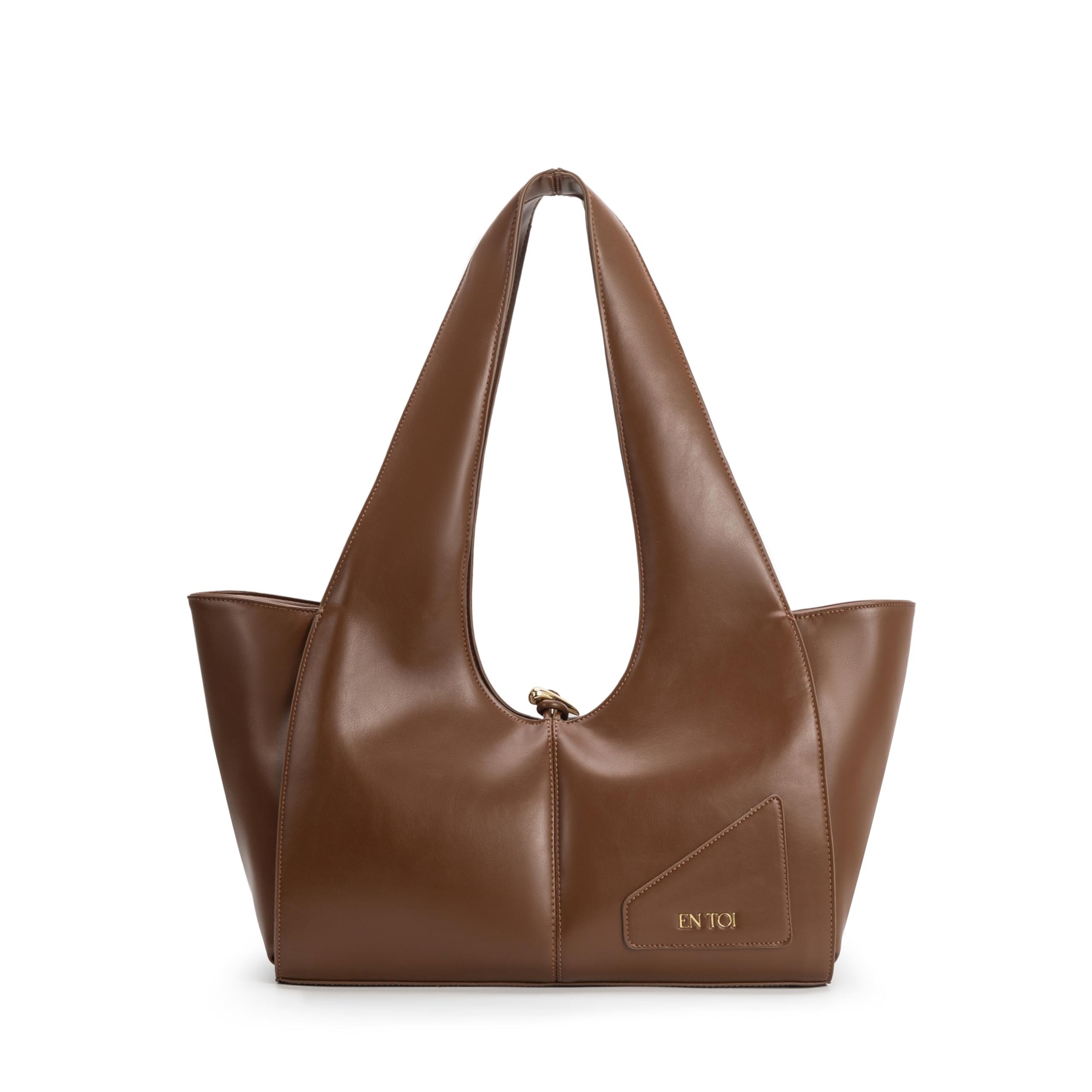 EN TOI Faux Leather Sculpted Handle Tote Bag for Women | Soft Large Shoulder Handbag for Office, Work, Travel | Fits iPad Air | Beige & Tan (Mocha Brown)
