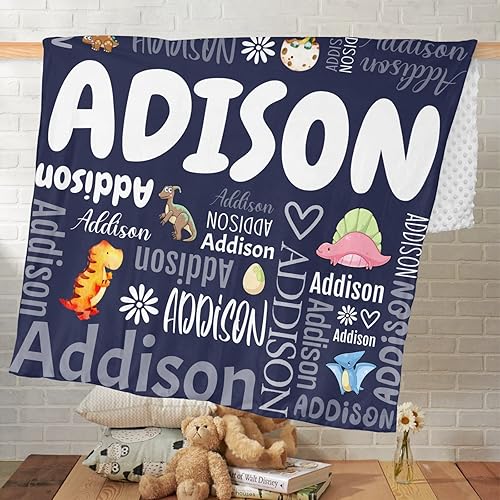 Miniatura 2 de Manta de bebé personalizada con nombre de bebé para niños y niñas, suave estampado de dinosaurio de doble punto, suave, agradable a la piel y el