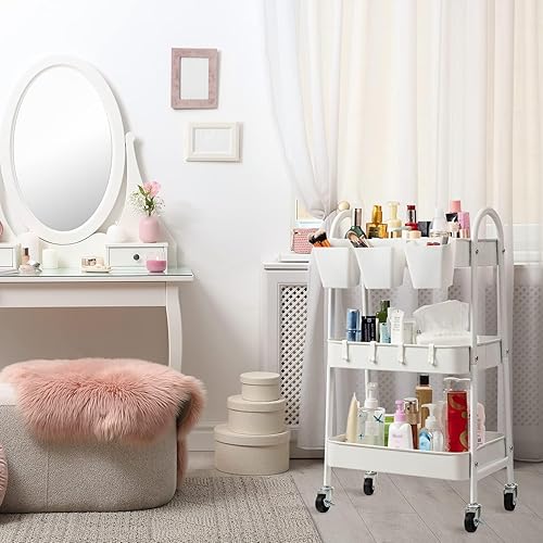 Miniatura 7 de danpinera Carrito rodante de 3 niveles, carrito de almacenamiento de metal con ruedas bloqueables y tazas y ganchos colgantes, carrito móvil para