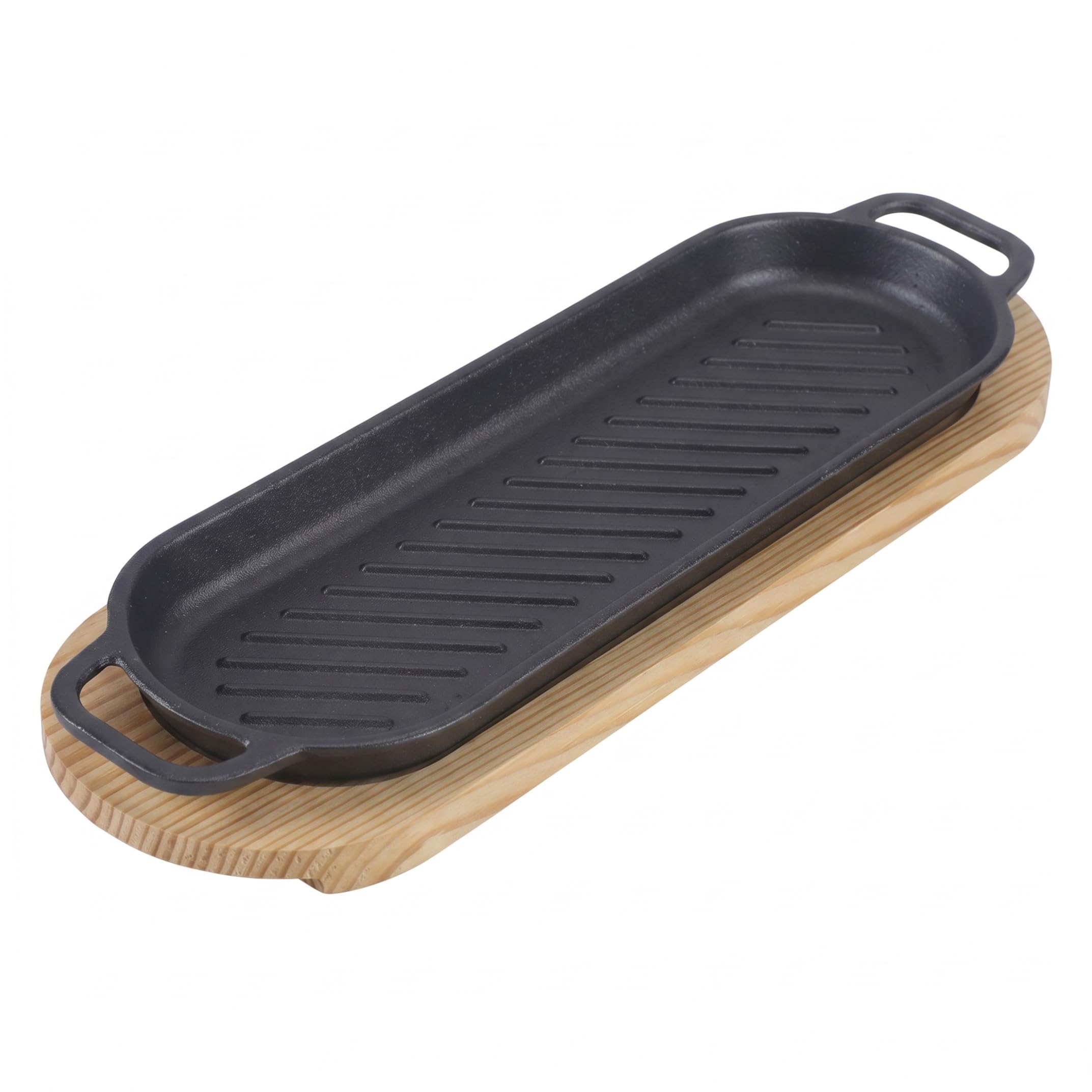 Assiette grésillante avec base en bois Poêle à fajita longue ovale avec poignée