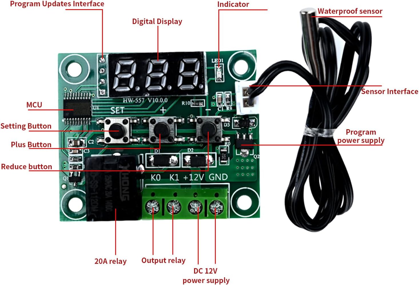 Podazz 2pcs W1209 12V DC Digital Temperature Controller Board Micro Temperature Control Module Switch