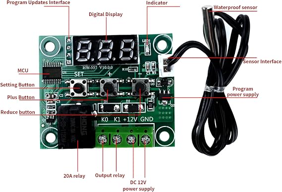 Podazz 2pcs W1209 12V DC Digital Temperature Controller Board Micro Temperature Control Module Switch