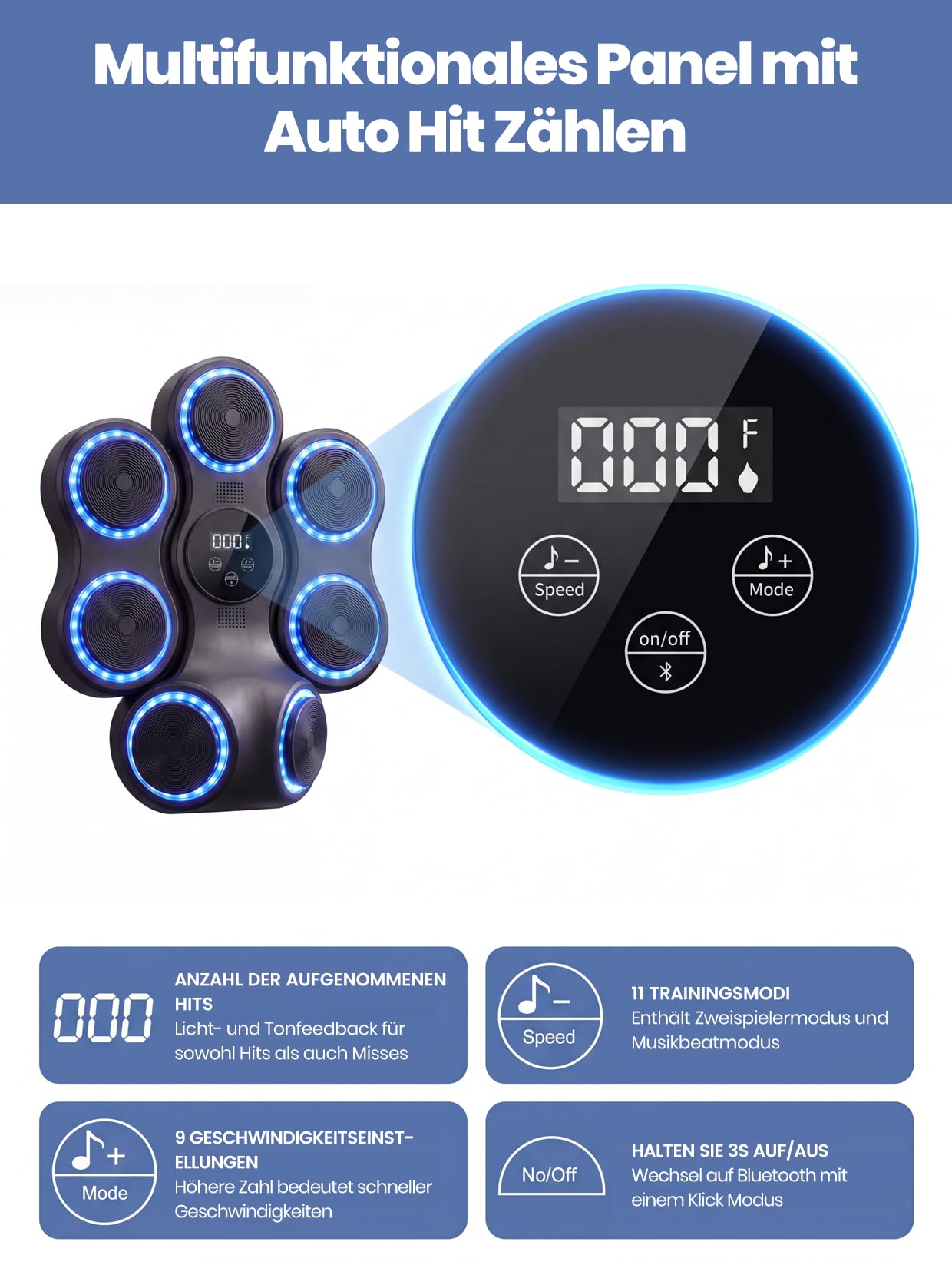 Hook Punch Music Boxing Machine mit Boxhandschuhe für Erwachsene | Wandmontage Musikboxing Maschine mit LED-Lichtern, Bluetooth, 9 Geschwindigkeitsmodi für Heimfitness