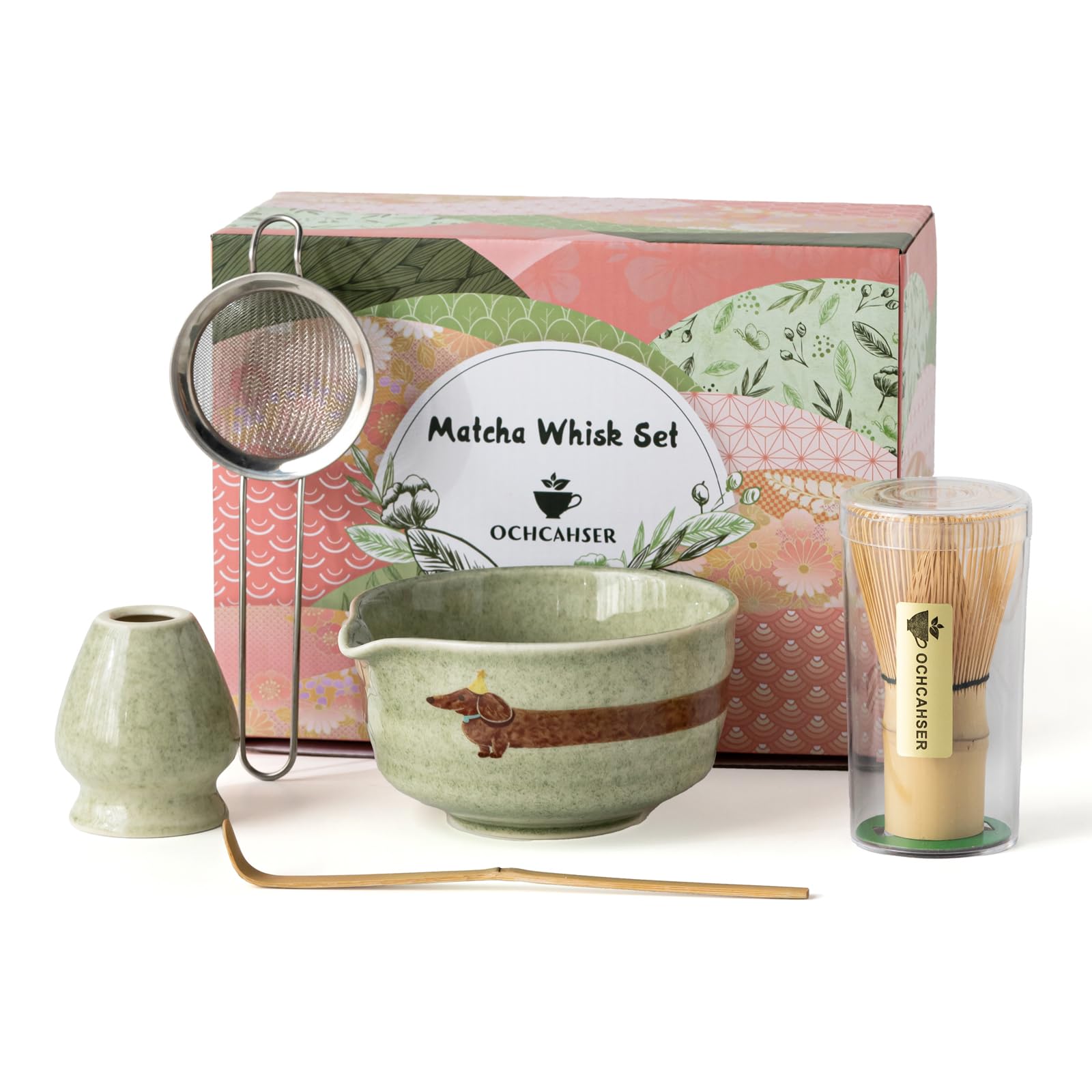 Amazon.com: 抹茶組附狗圖案日本抹茶打蛋器組包括抹茶碗附噴頭打蛋器竹