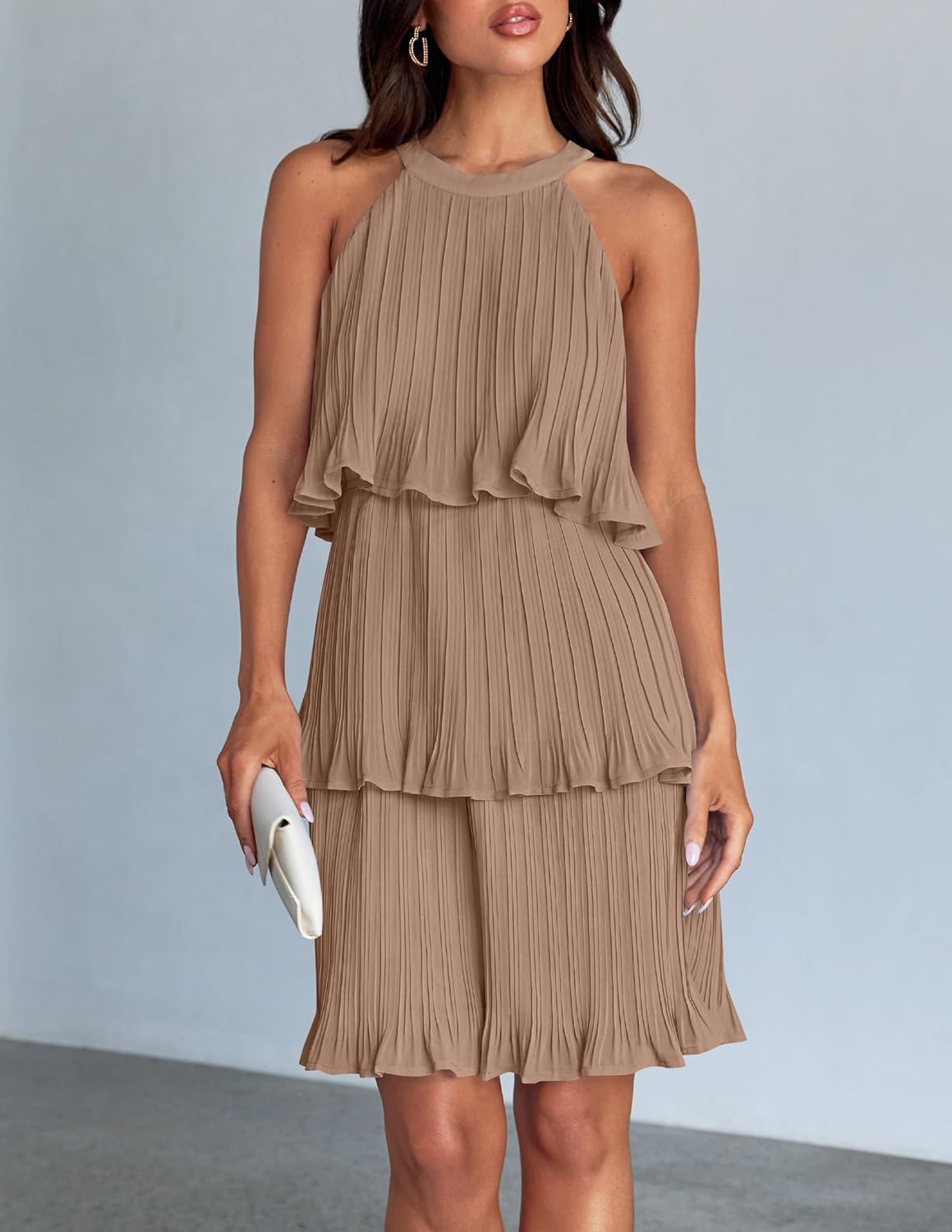 ZESICA Women's 2026 Summer Halter Dresses Sleeveless Ruffle Tiered Layered Chiffon Pleated A Line Swing Mini Dress - Image 7