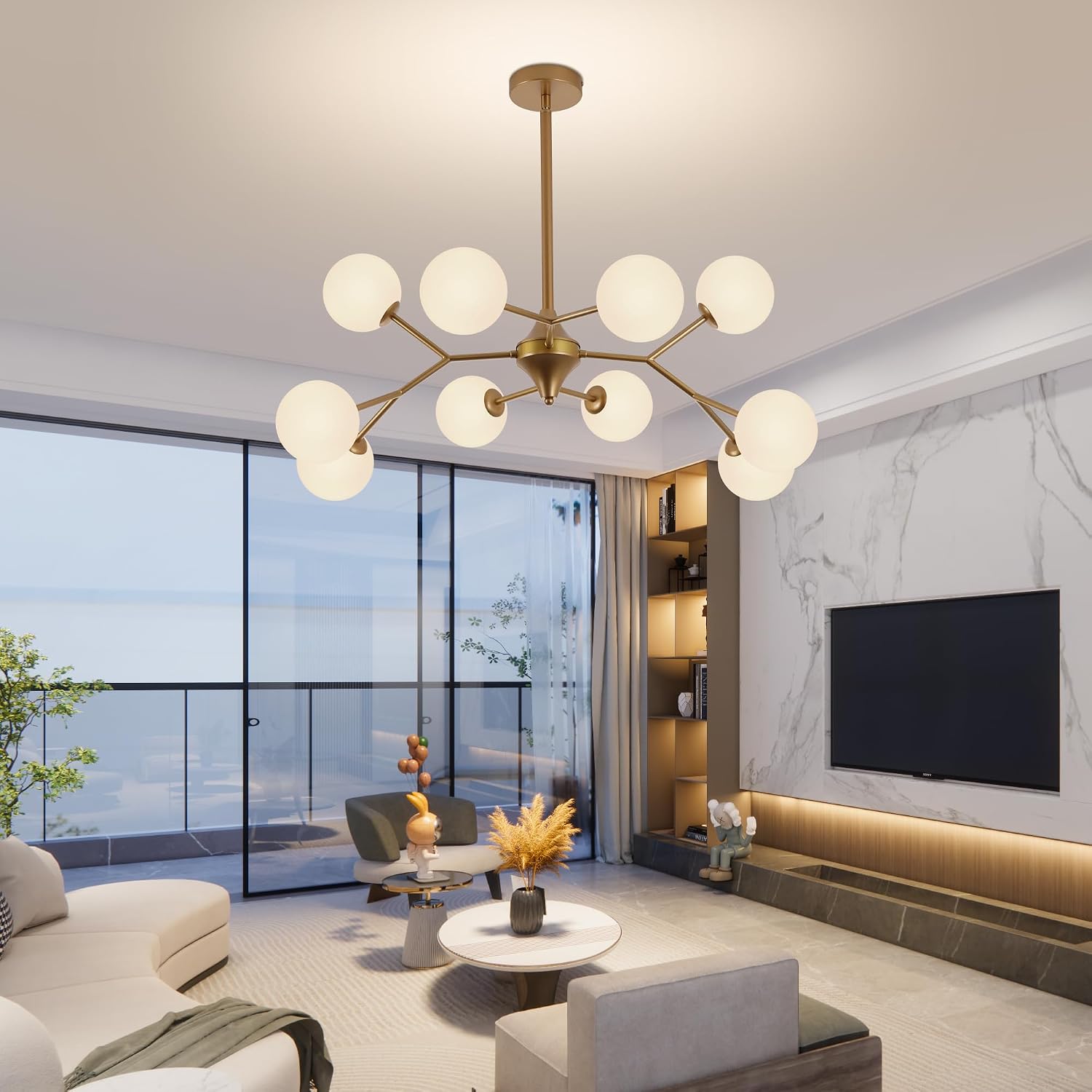 COCOSTAR Reddish Sand Gold Dining Room Chandelier, 10 Lights Mid Century Modern Sputnik Chandelier for Kitchen Island Living Room Bedroom, Ceiling Light Fixture Over Table, G9 Base