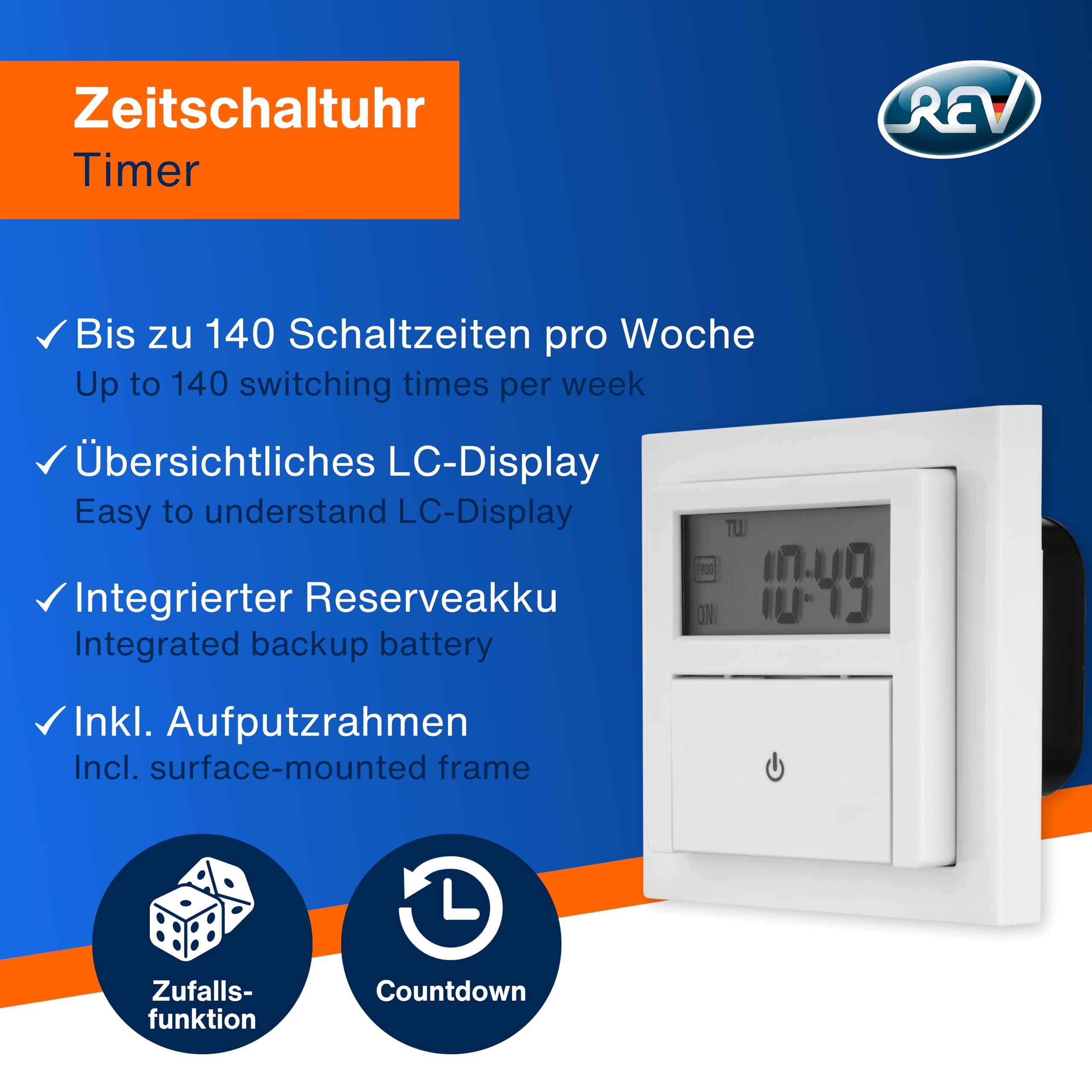 REV Zeitschaltuhr digital - Unterputz Wochenzeitschaltuhr für den Innenbereich mit Aus-/Wechselschalter, weiß