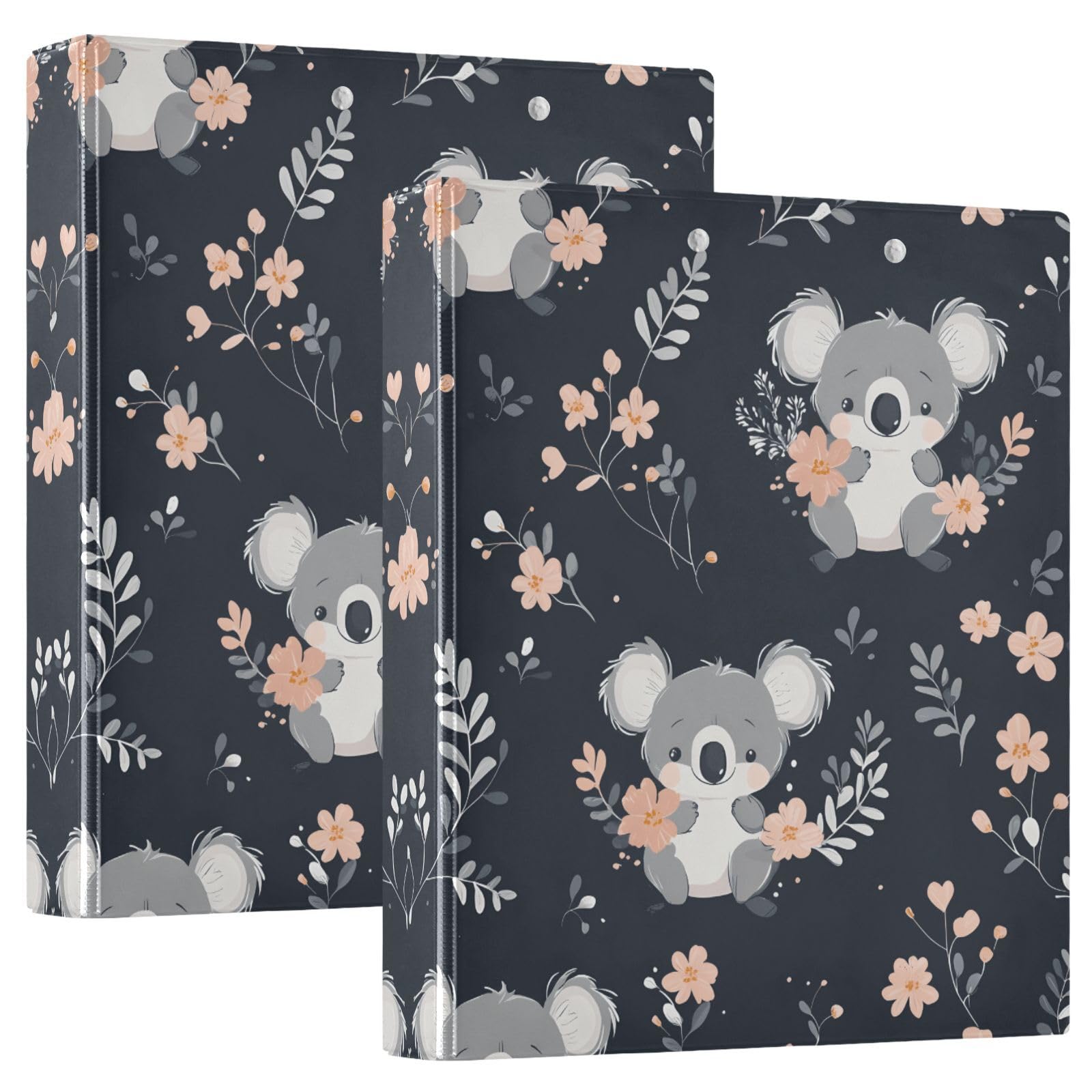 Confezione da 2 raccoglitori a 3 anelli, motivo floreale, kawaii, koala, 3,8 cm, con 3 tasche trasparenti, portablocco e contiene 200 fogli, per ufficio, scuola, organizzazione della casa