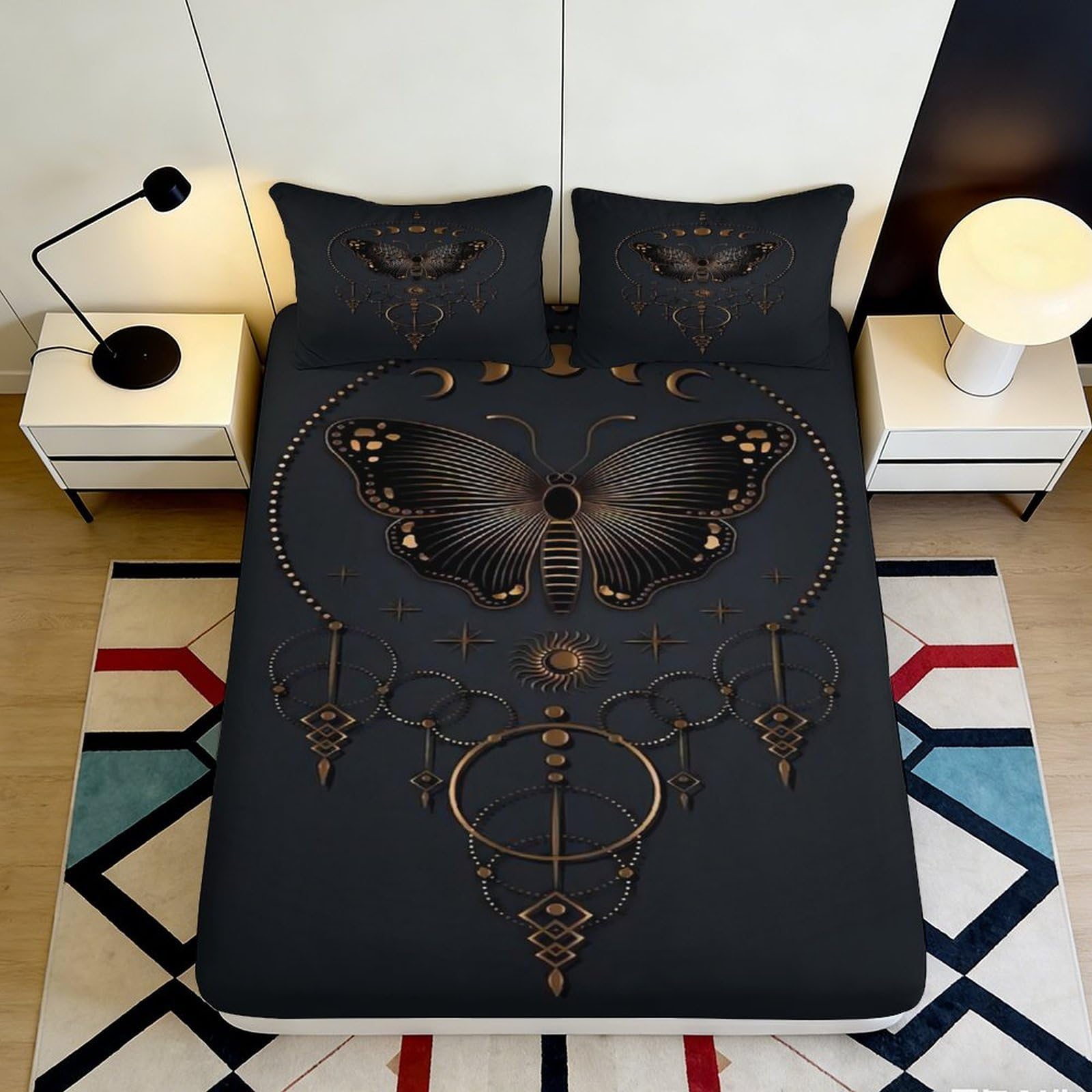 3D Printed Gothic Butterfly Fitted Sheet Microfiber Black Art Skull Mattress Cover for Bedroom Decor Protection 90x200x25cm