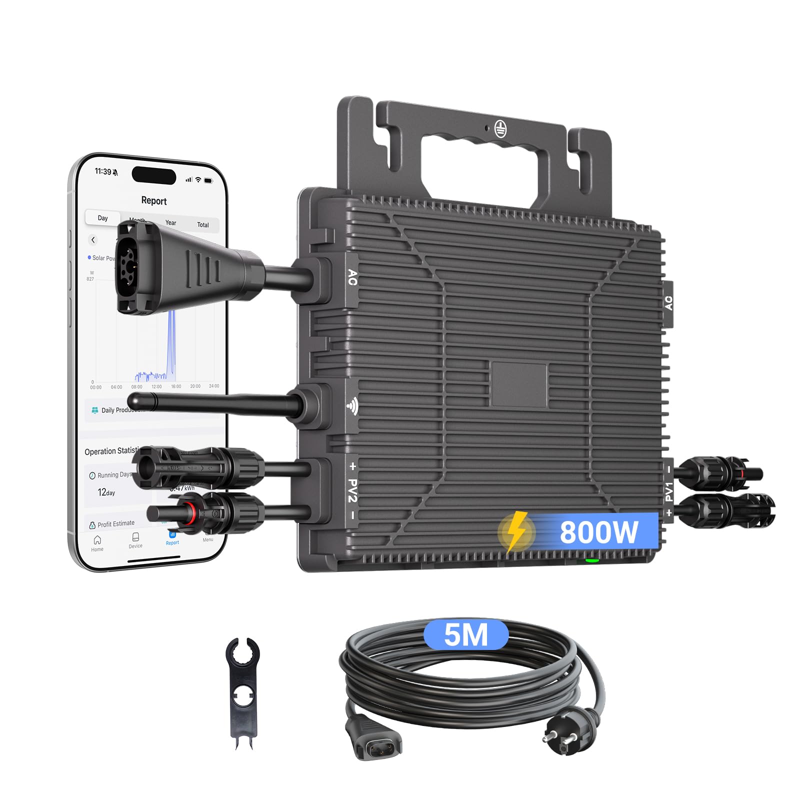 Micro Onduleur 800W, Micro Onduleur Solaire Balcon avec WiFi, Onduleur avec Câble CA de 5 Mètres, Onduleur Solaire Peut être connecté à 2 Panneaux solaires de 400 W, IP67