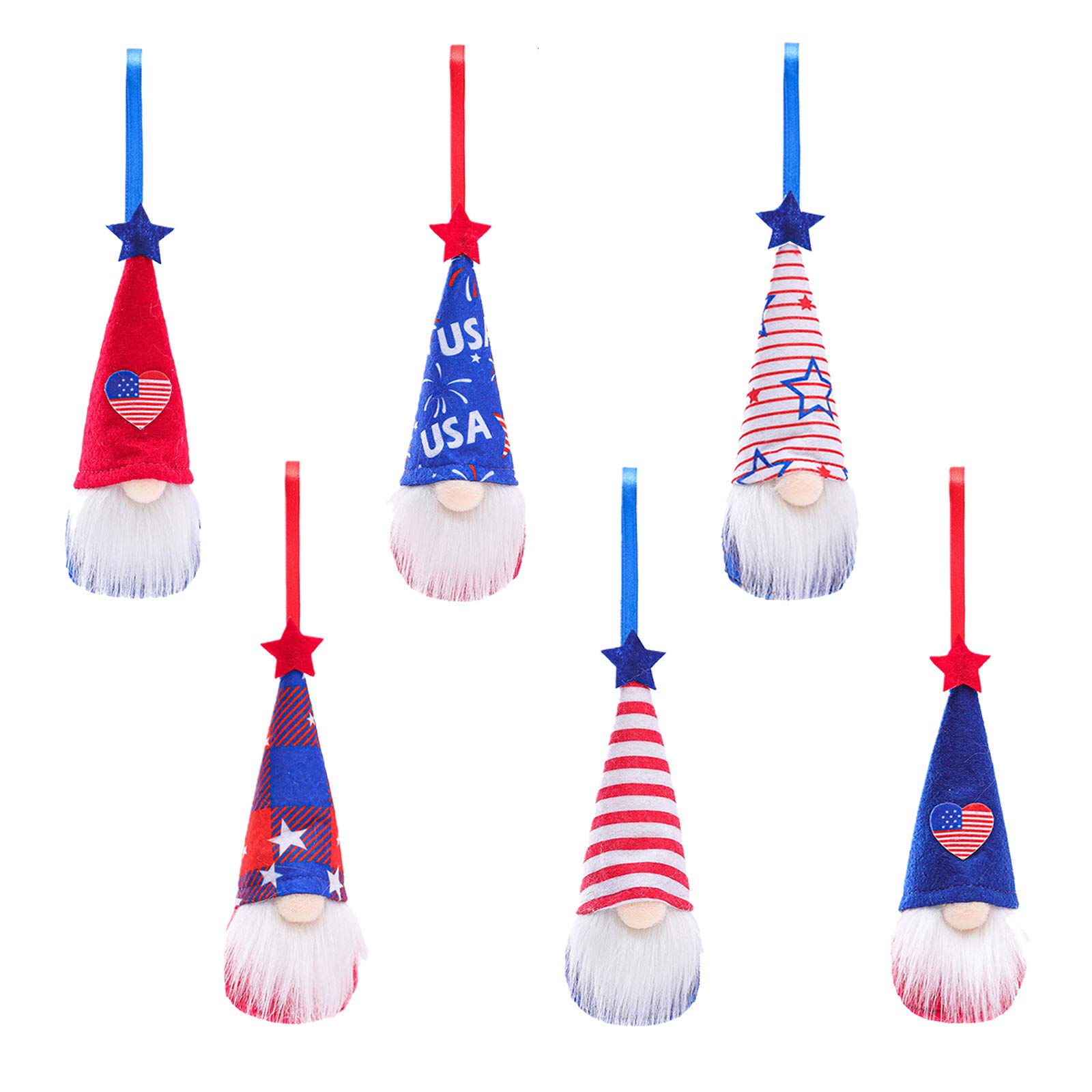 Biokia 4th of July Ornaments for Tree 4th of July Gnome Set of 6, Patriotic Gnomes Decorations Handmade Plush Independence Day Gift Home Wall Decor