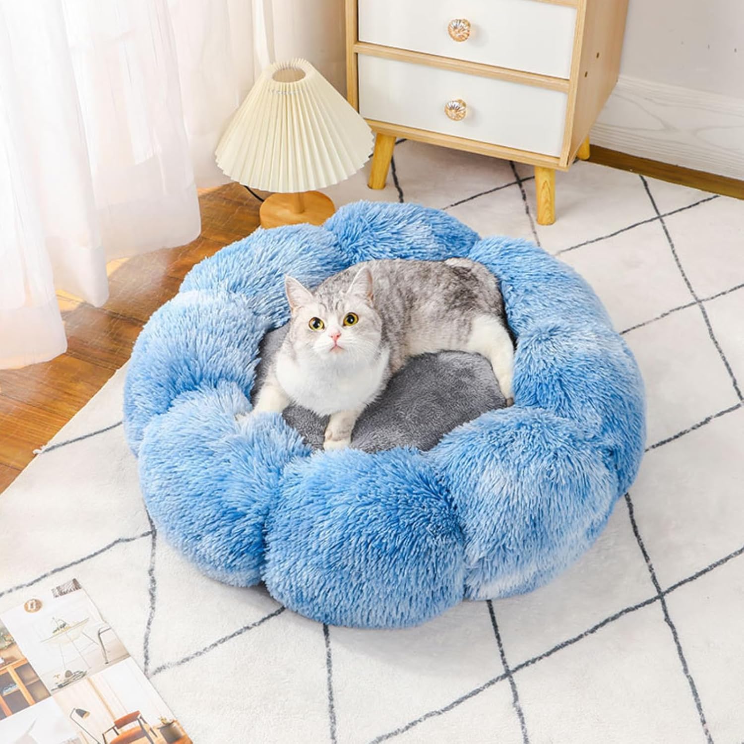 Cute Flower Plush Cat Bed Tie-Dye Rainbow Kawaii Pet House Colorful Soft Warm Anti-Anxiety (Large 32 x 32 inch, Red)