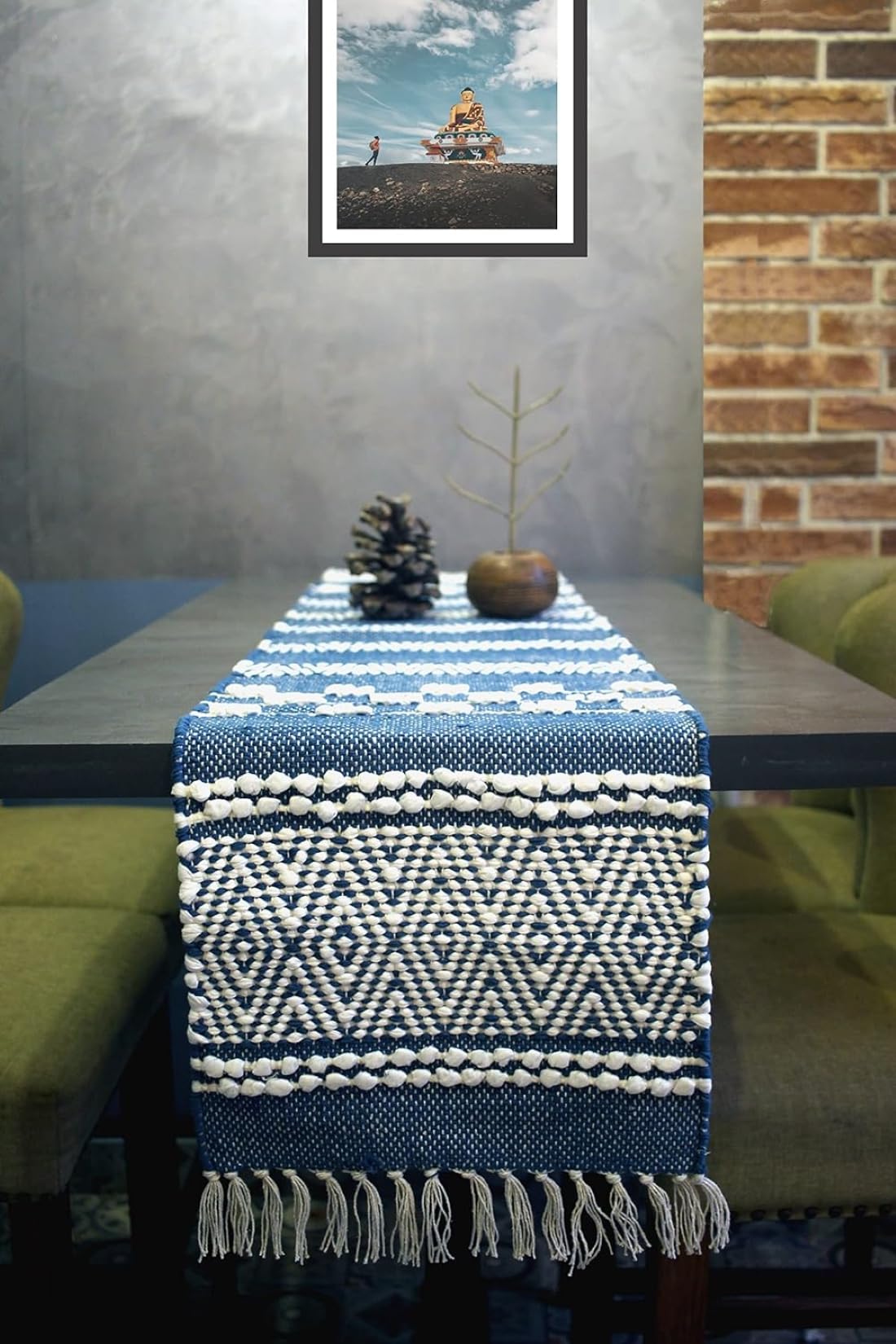 Vintage Threads Luxurious 100% Natural Pure Cotton Handmade Heat Resistant Table Runner with Tassels for 6 Seater Dining Table, Patio, (13 * 72 Inches) (Blue)