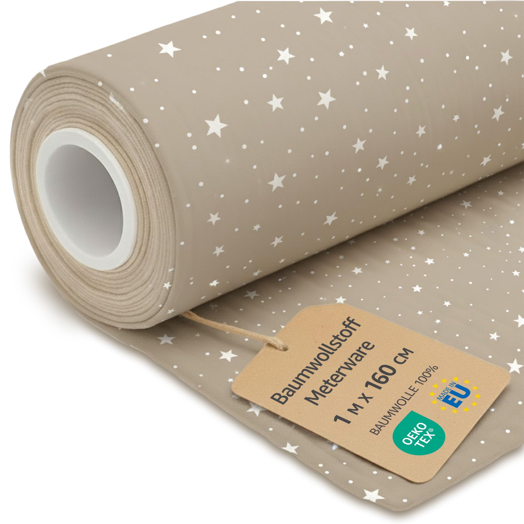 Fabric by the Meter Cotton 1 M x 160 cm - Fabrics for Sewing Decoration and DIY Projects Ideal for Clothing Home Textiles and craftwork Oeko-Tex Beige with White Stars — image 1