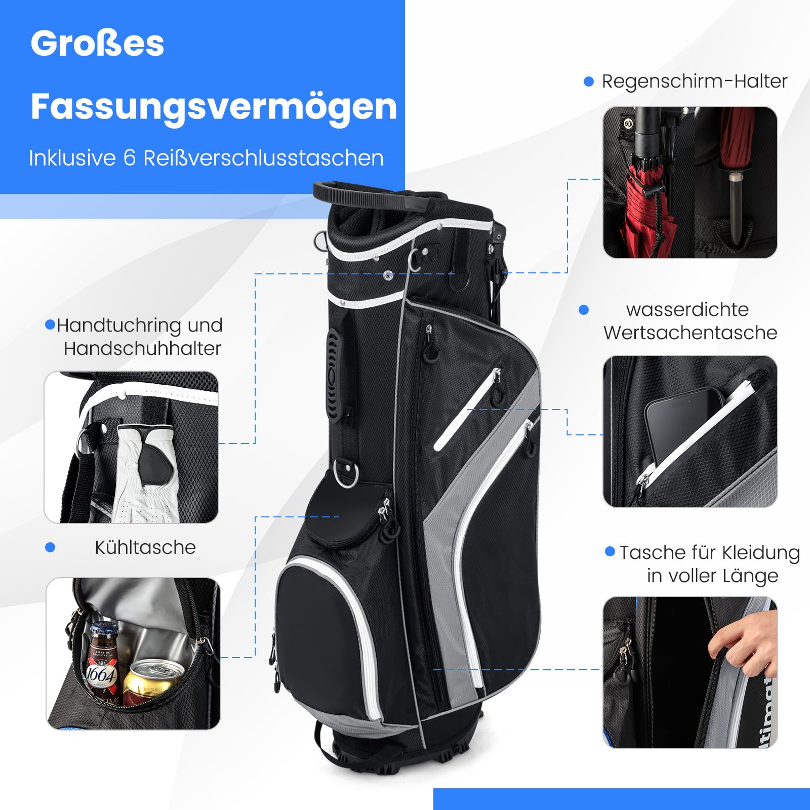 COSTWAY Golf Bag, 6er/8er/14er Unterteilung Golf Stand Bag, Golf Trolley Bag Golftasche, leichte Pencil Bag tragbar für Männer & Frauen