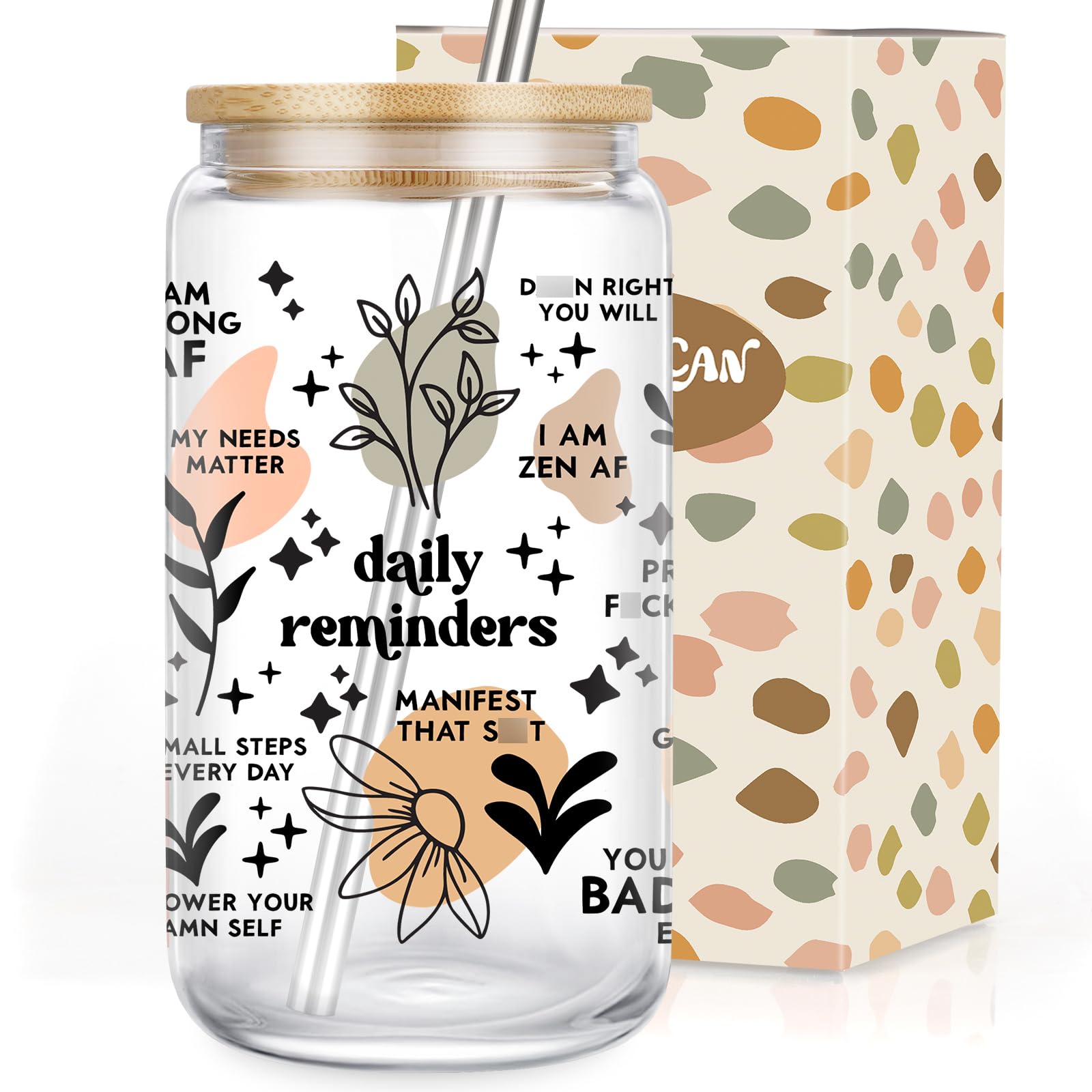 Coolife Positive Daily Affirmations Cup, Mental Health, Funny Sobriety, Self Love, Inspirational, Break up, Christmas, Motivational Gifts for Women, 16 oz Drinking Tumbler Coffee Glass Cups w/Lids