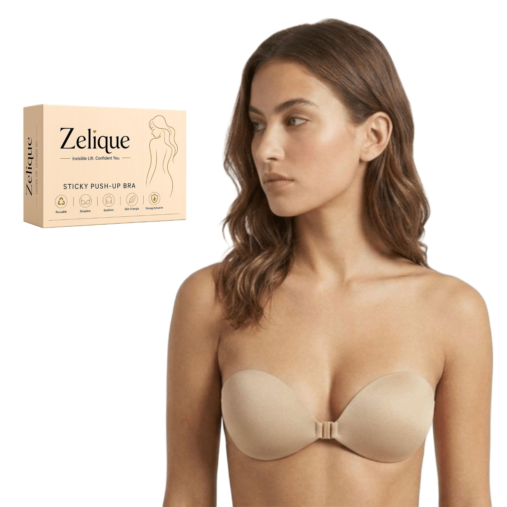 Reusable Adhesive Strapless Push Up Bra for Women, Invisible Stick On Silicone Bra for Backless Dresses, Seamless Wire Free Front Clip, Beige, Size B-picture-25