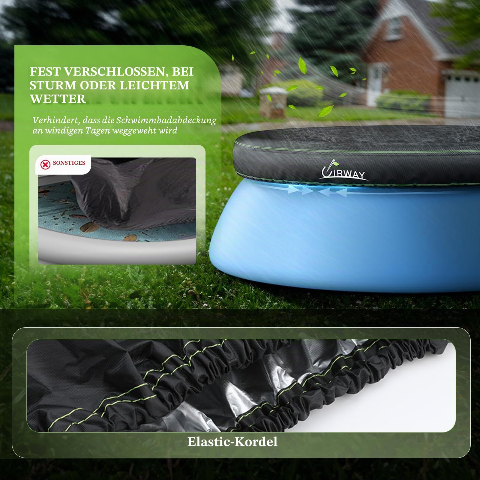 UIRWAY Poolabdeckung Rund 366 cm - Für Easy Set Pool, 420D Abdeckplane Pool mit Elastischem Band, 2 Reflektierenden Griffen, UV-beständig, Schwarz