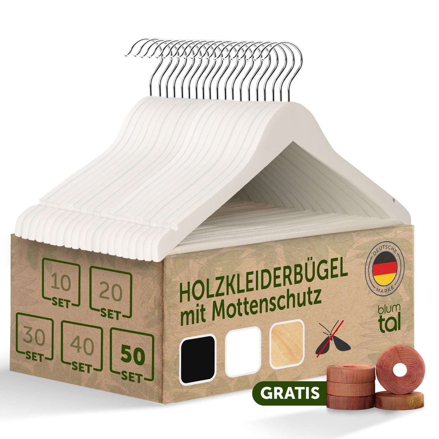 Blumtal Kleiderbügel Holz 50er Set - Holzbügel mit 360° drehbarem Metallhaken - Kleiderbügel Weiß + Zedernholz Mottenschutz - Kleiderbügel Holz Weiss + Anti-Rutsch-Schicht & Einkerbungen - Bügel Holz