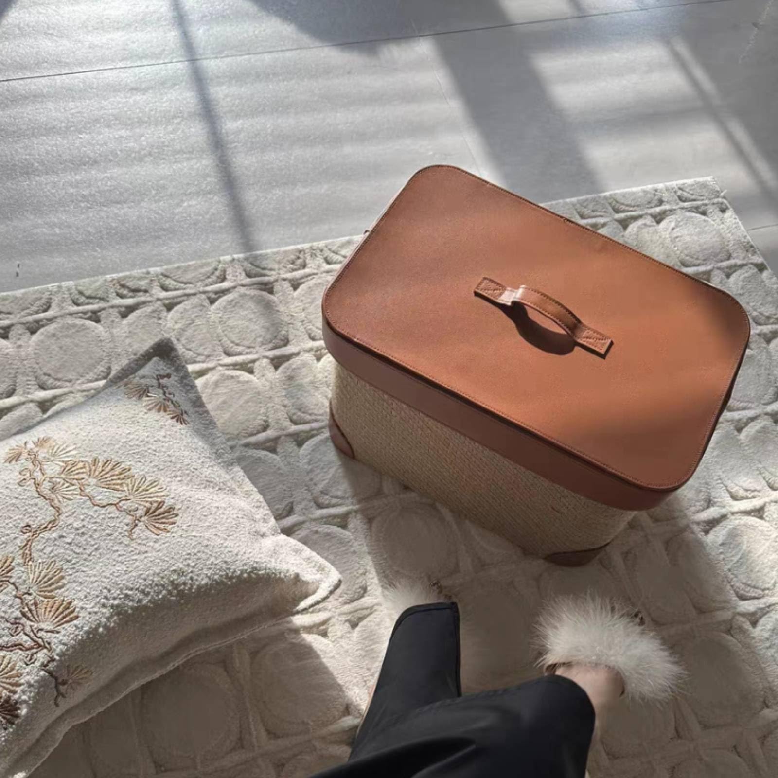 Caja Tejida Hecha a Mano Caja con Asa Tejido Suave Organizador, Naranja, Grande