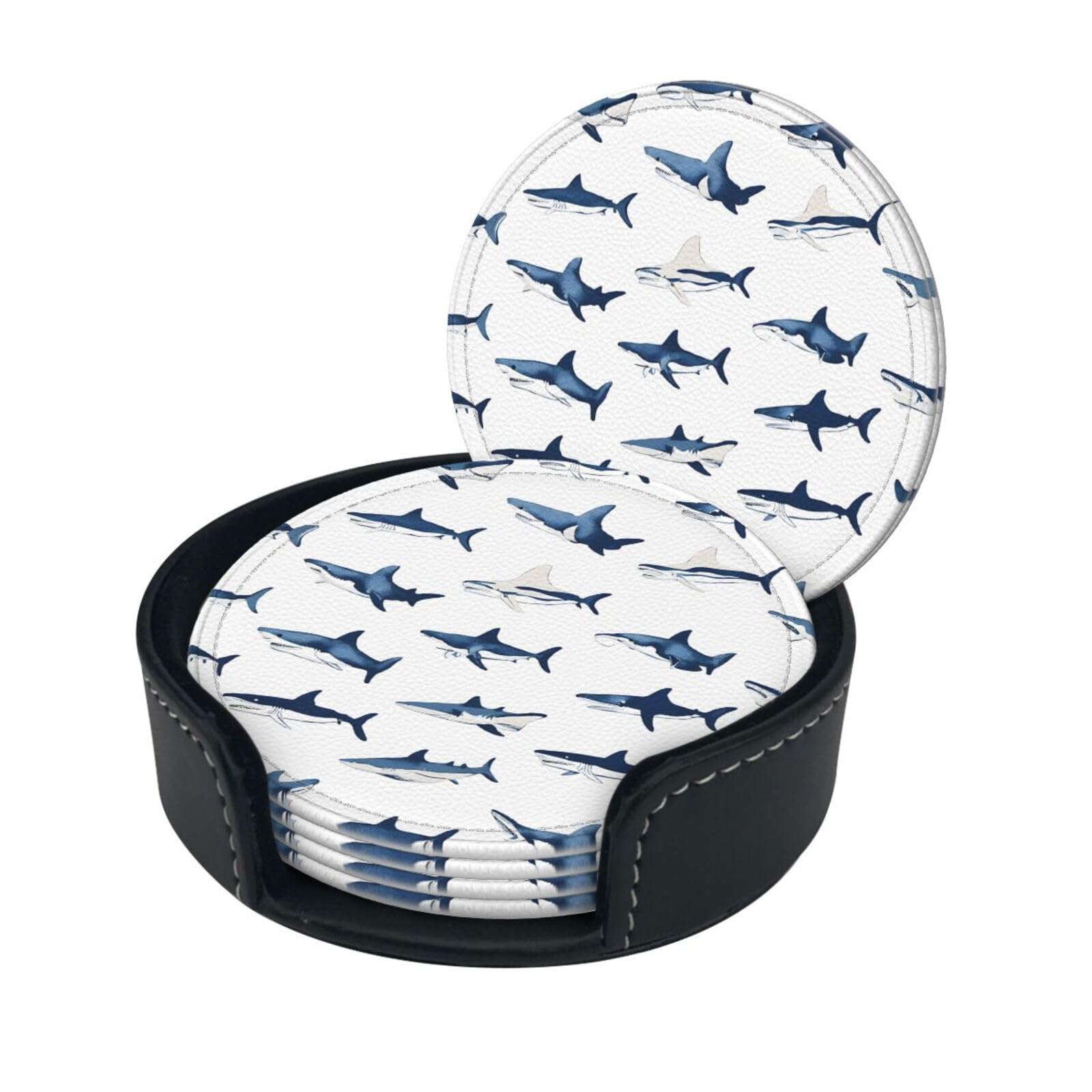 Sharks Print Coaster,Round Leather Coasters with Storage Box for Wine Mugs,Cold Drinks and Cups Tabletop Protection (6 Piece)