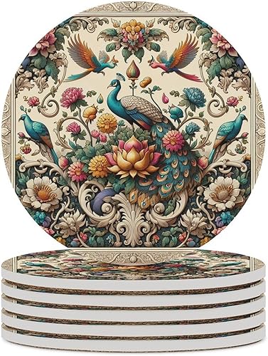 Miniatura 29 de Square-4 posavasos de cerámica de pavo real, posavasos cuadrados absorbentes para bebidas, estilo vintage de acuarela floral, hermosos posavasos