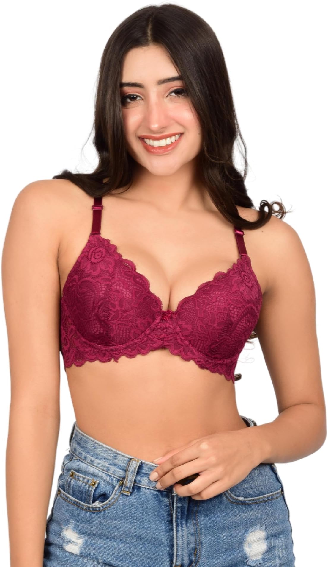 Women's Padded Wired Pushup Bra with 3/4th Coverage & Adjustable Strap I Everyday Solid Pattern Underwired Padded Bra for Women - Wine (Size - 34C)