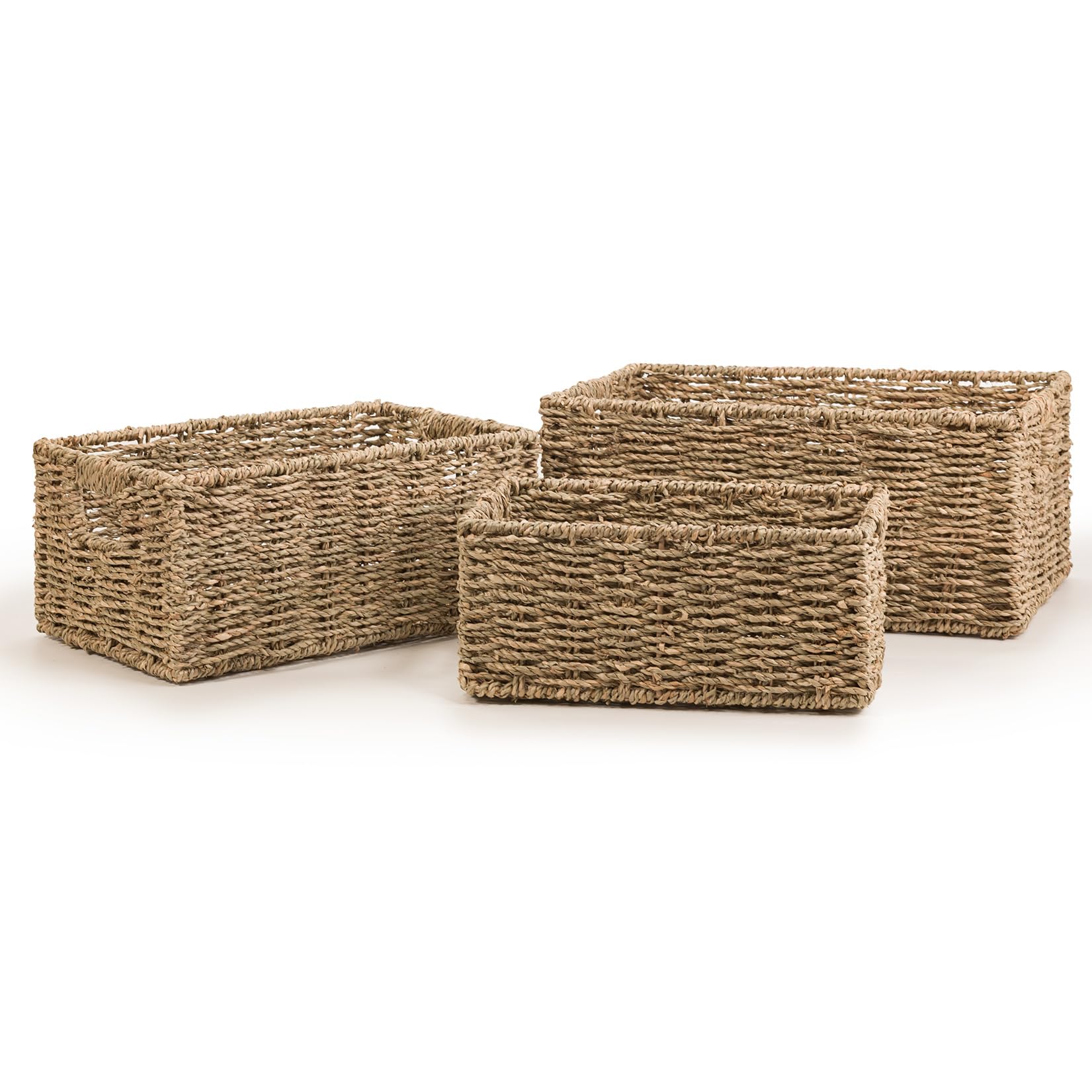 Woodluv Brown Set Of 3 Decorative Rectangular Handwoven Natural Seagrass Decor Storage Gift Hamper Display Basket With Inset Handles,Large/Medium/Small
