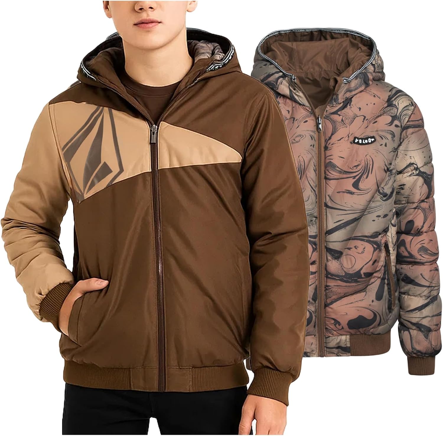 Volcom Boys Winter Coat - Reversible Zip Up Jacket Breathable Hooded Puffer Coat Kids Outerwear Jackets and Coats (4-20)