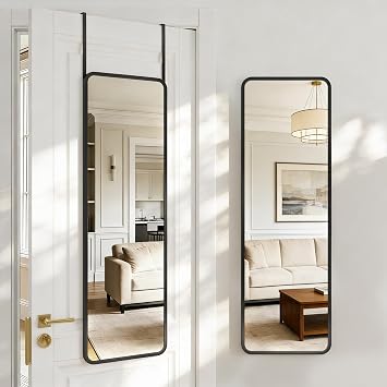 Antok 48x 14 Full Length Mirror Over Door, 4-in-1 Standing Leaning Wall Mounted, Adjustable Hanging Mirror for Bedroom Living Room, Black, Rounded Corner