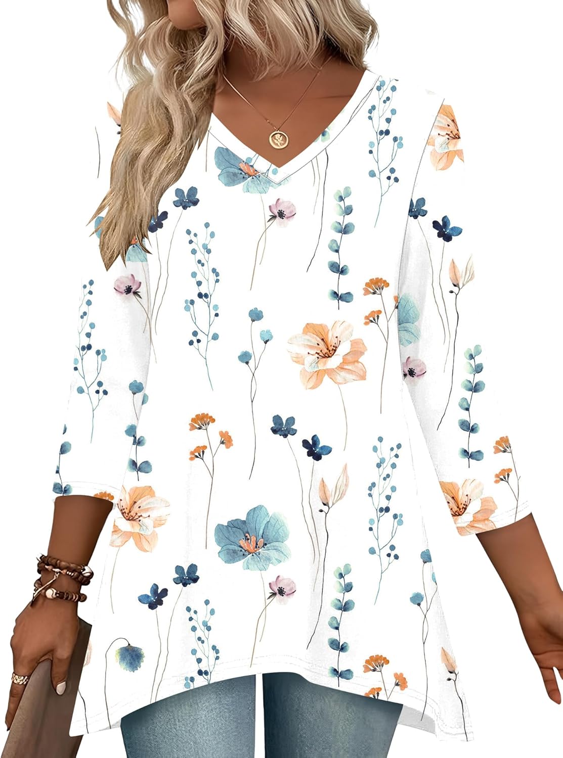 LUYAA 3/4 Length Sleeve Womens Tops V Neck Loose Fit Dressy Casual Blouse Flowy Shirts Plus Size Womens Clothing S-3XL