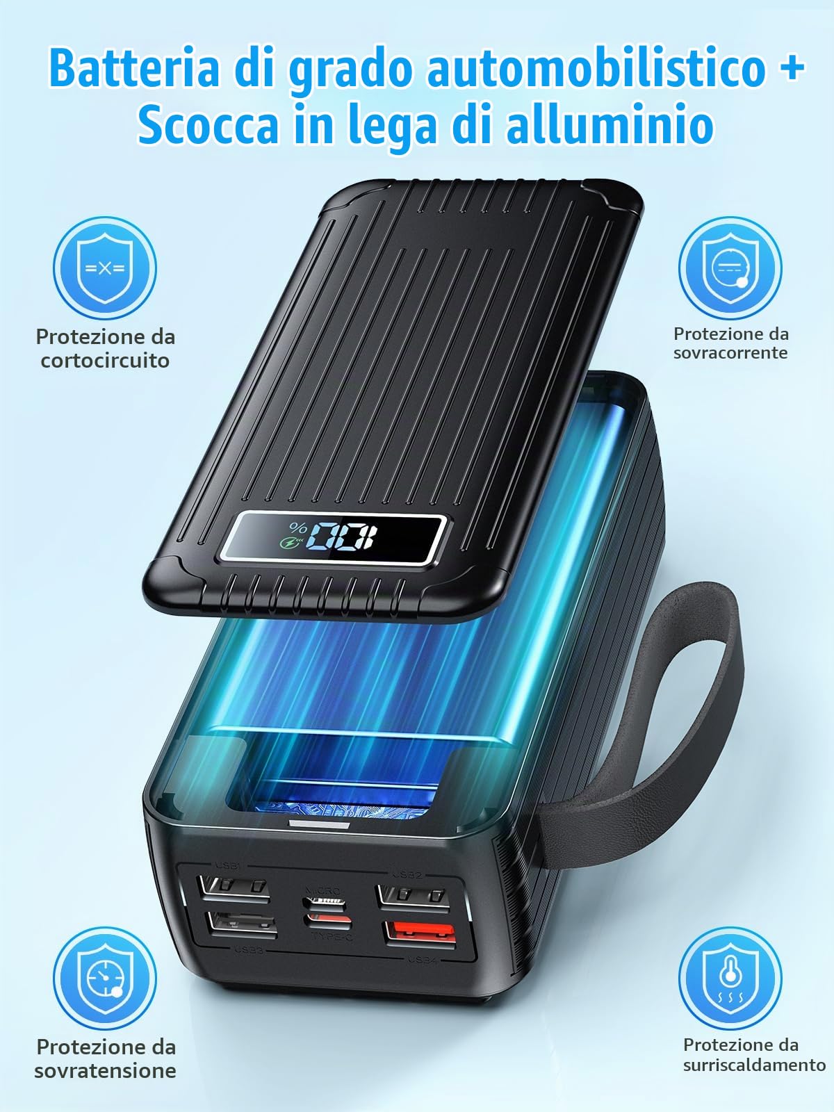 60000mAh Power Bank con cavo, 30W Powerbank PD USB C funzione di ricarica rapida Batteria esterna con display a LED, 7 uscite e 2 ingressi