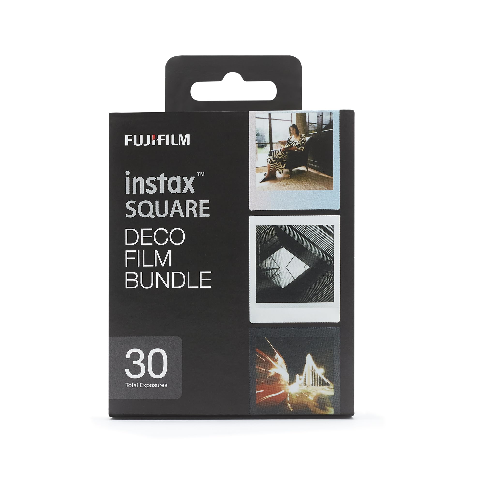 instax SQUARE DECO film bundle pellicole, 30 scatti, 3 pacchi da 10 scatti, motivo bordo Black, Sunset e pelicole Monchrome