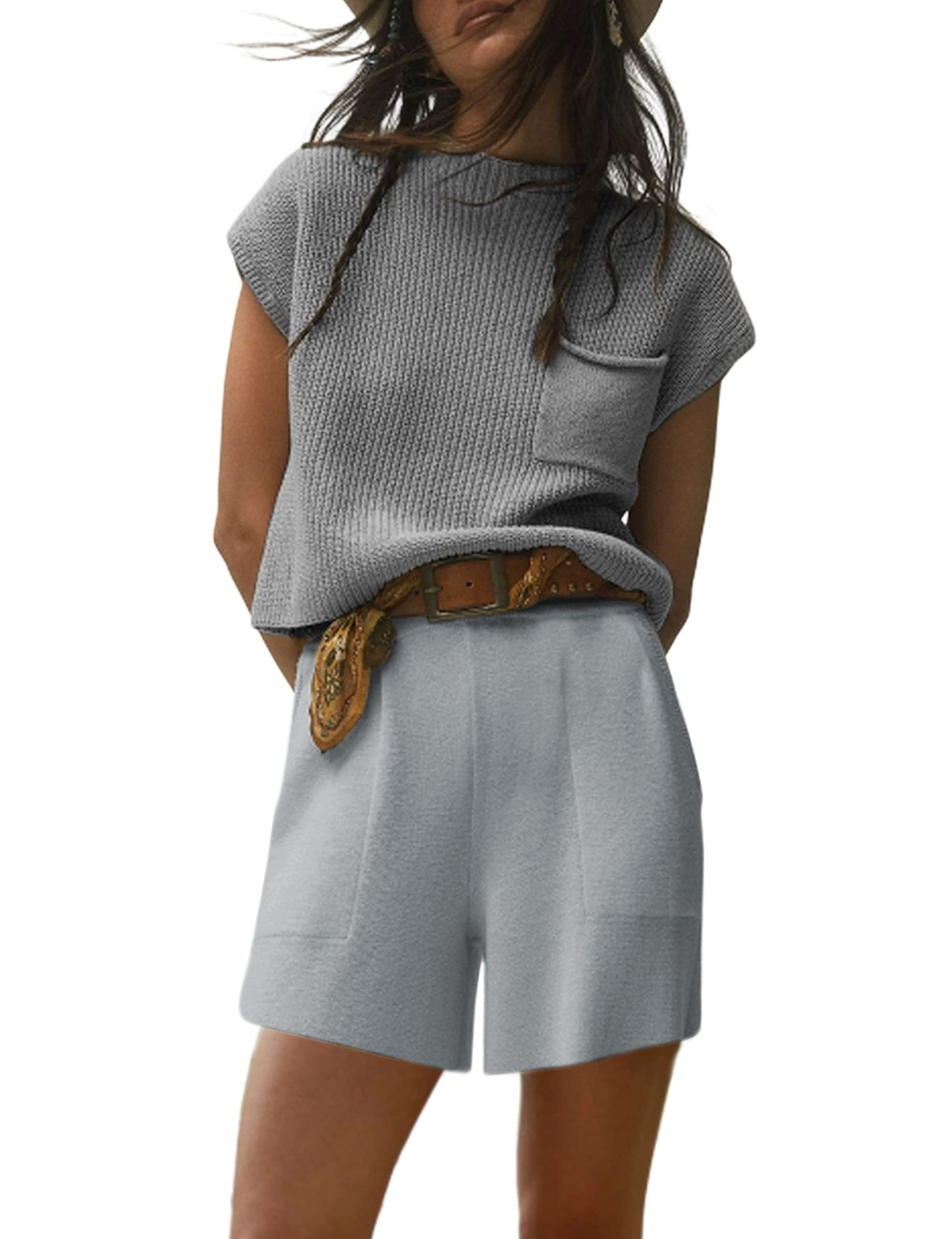 BianstoreWomen's Two Piece Outfits Knit Sweater Set Solid Pullover Tops and Elastic Waist Short Pants Lounge Sets