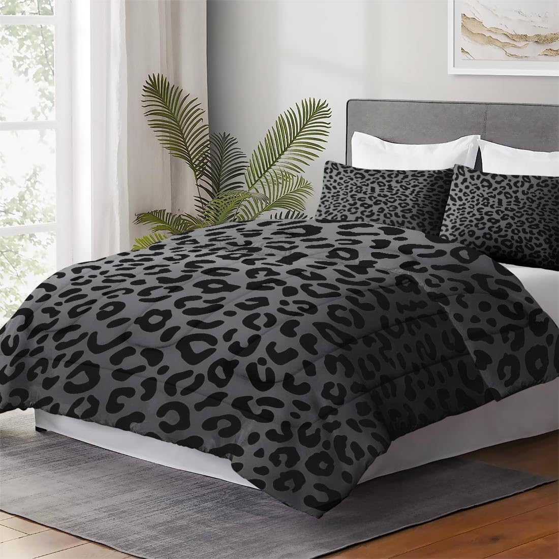 WeCozy 3 Pcs Queen Size Comforter Set with 2 Pillowcases, Leopard Cheetah Animal Soft Bedding for Kids and Adults, Gray Black Comforter Set for Room Bedroom Bed Decor