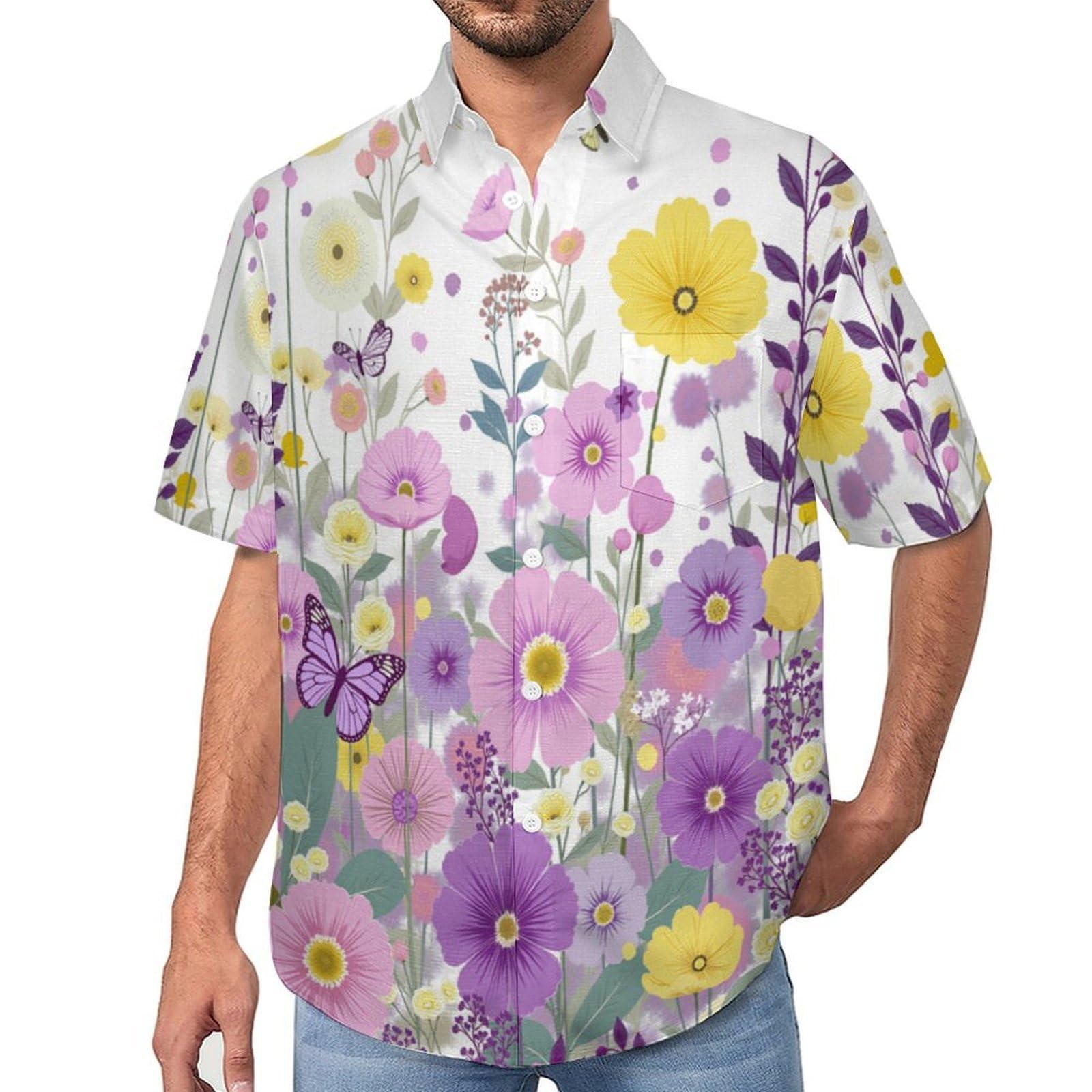 Camicie da Uomo a Maniche Corte con Stampa della Fiori Selvatici in Fiore Fiori Primaverili, Casual Leggere Bottoni Camicia con Tasca Frontale, per Vacanze Spiaggia Estate