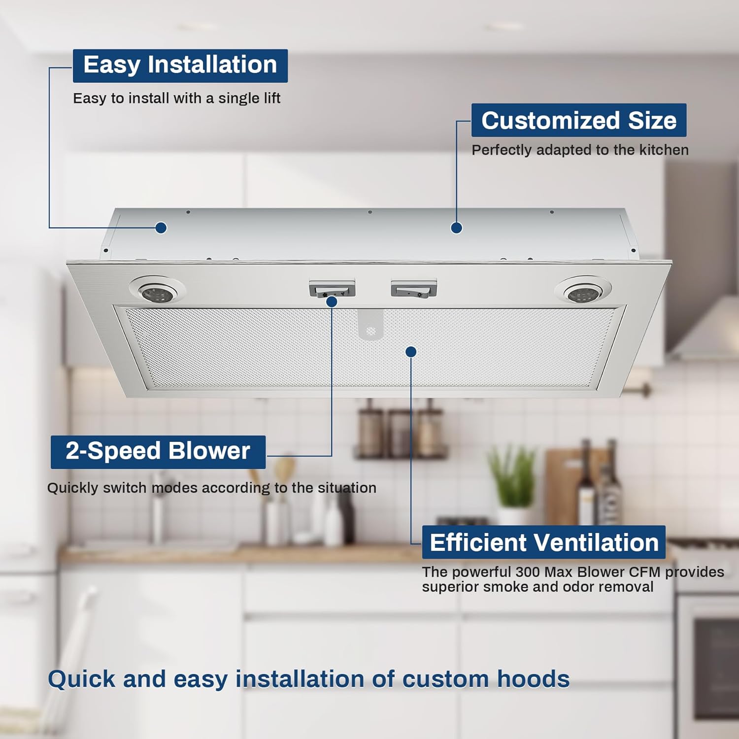 PM300SS Range Hood Insert For Under-Cabinet,21-Inch Built,300 Max Blower CFM,Stainless Steel,Customized Power Supply Package,2-speed Adjustment Exhaust Fan And Spotlight
