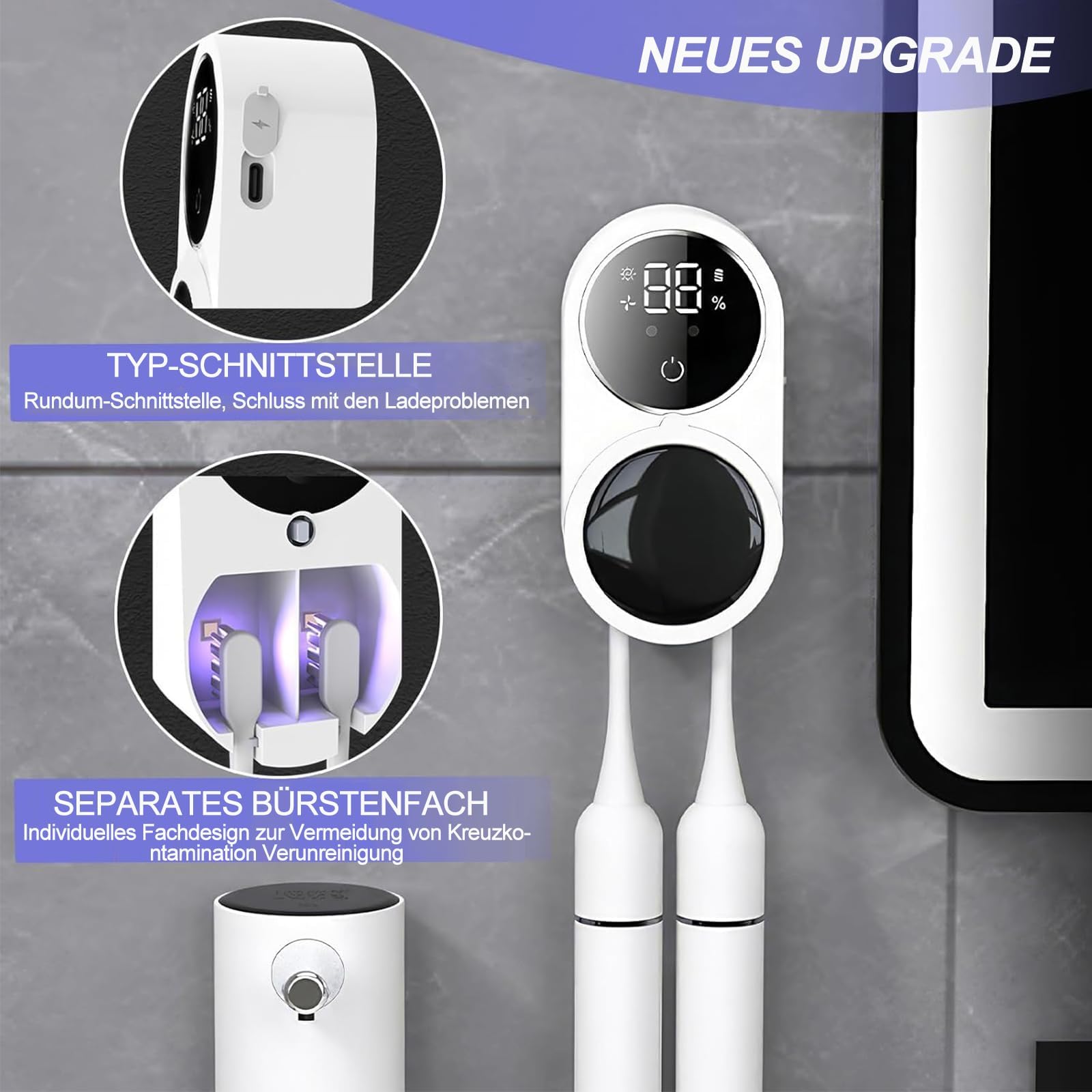 Soporte para cepillo de dientes, soporte para cepillo de dientes eléctrico para montaje en pared con secado, soporte para cepillo de dientes desinfectante, sin taladrar, con 2 ranuras para cepillos de