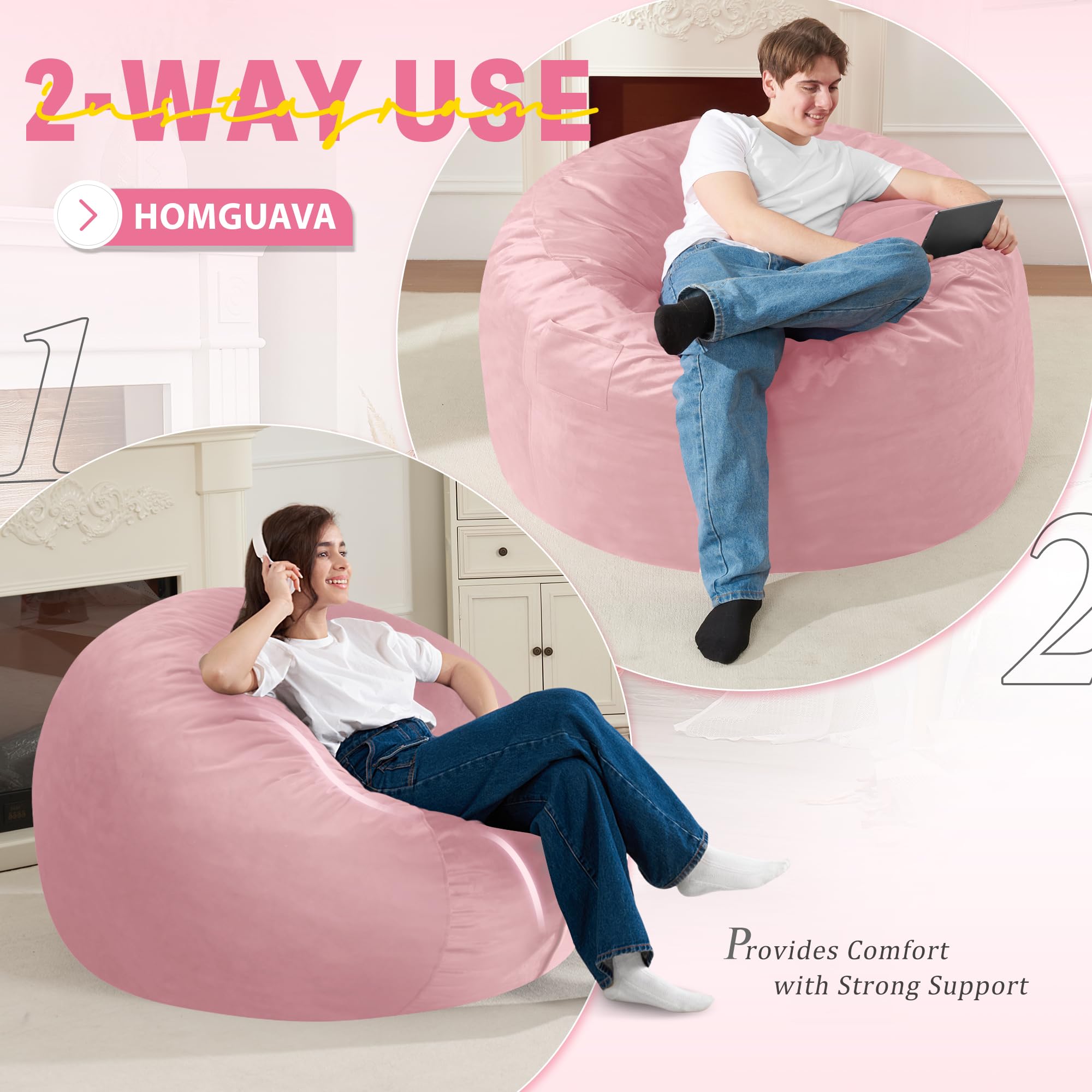 Homguava 5 FT Bean Bag Chair: 5' Bean Bags with Memory Foam Filled, Large Beanbag Chairs Soft Sofa with Dutch Velvet Cover-Purple