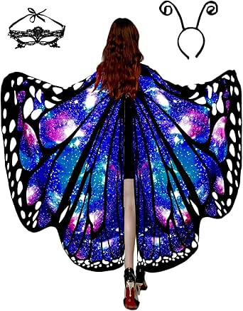 Women’s Butterfly Halloween Costume Set – Wing Cape, Lace Mask & Velvet Antenna Headband (3-Piece)