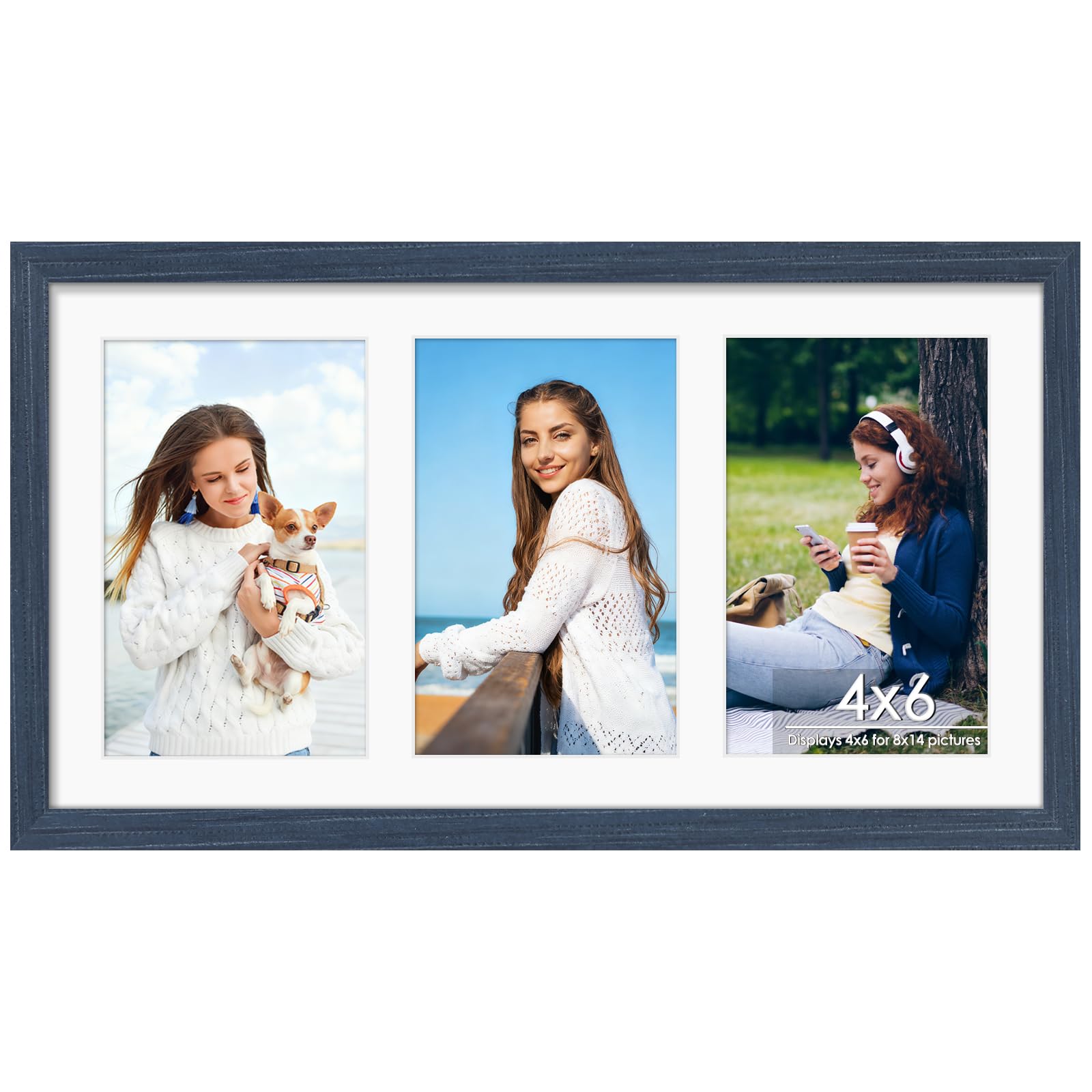 DUENPY 8x14 Collage Picture Frame 4x6 Collage Picture Frame Displays Three 4x6 inch Photos or 8x14 (Without Mat) for Available Horizontal Wall Mounting Display and Vertical Navy Blue