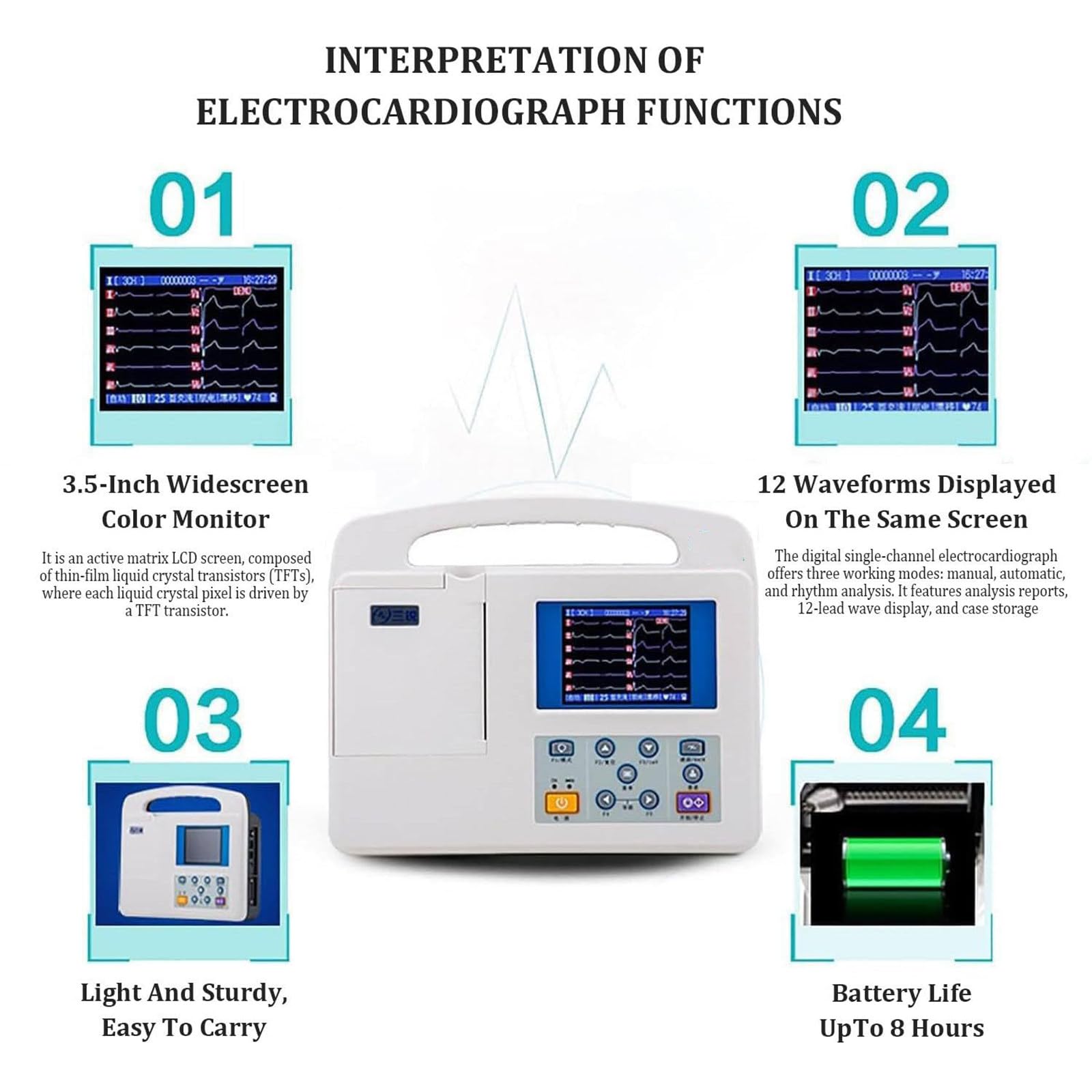 Elettrocardiografo Portatile, Monitor ECG A 12 Derivazioni E 3 Canali Con Analisi Automatica, Funzione Di Stampa Dei Referti, Display Lcd A Colori, Dispositivo Diagnostico Per Uso Domestico