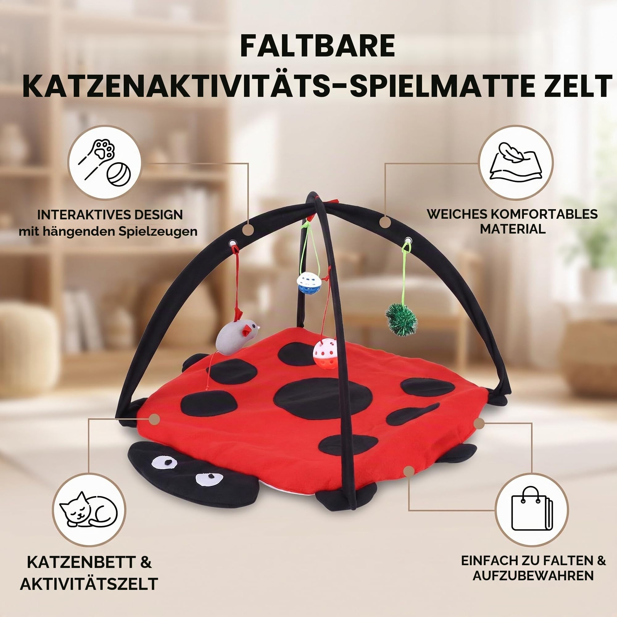Wakects Cat Spielteppich, Cat Bed Toy Katze Hund Interaktive Matte Haustier Puffer Bett mit hängenden Spielzeug Balls und Mäuse, Katze Spielzeug Großes
