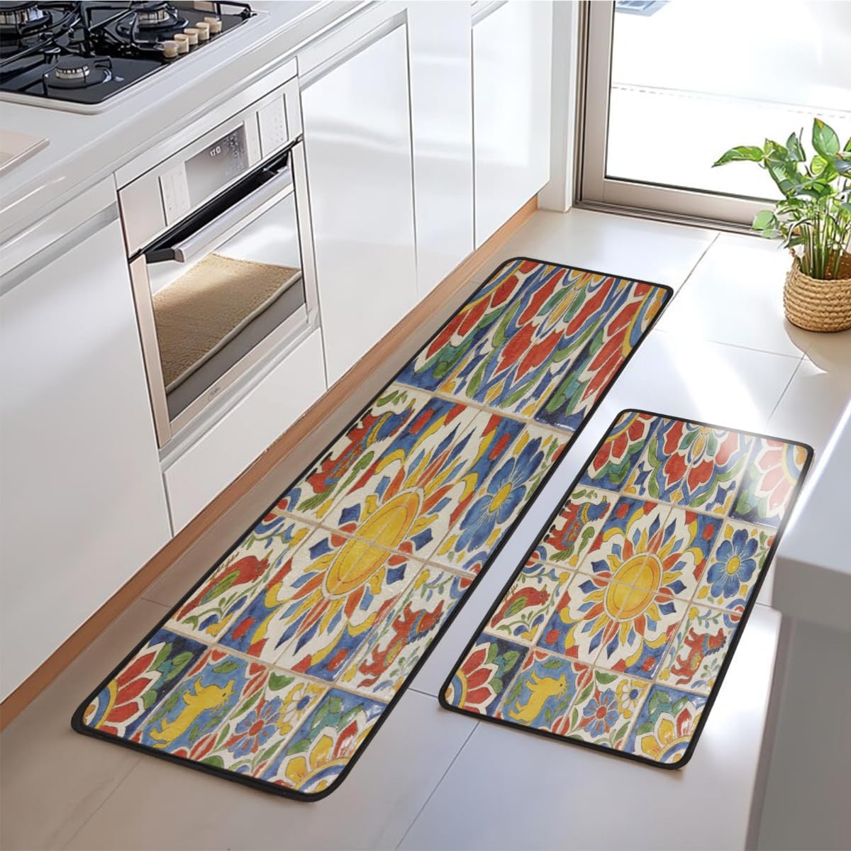 Anti Fatigue Talavera Animal Tile Kitchen Mats for Floor 2 Piece Set, Waterproof Non Slip Boho Kitchen Floor Rugs, Comfort Standing Mat for Sink Laundry & Home Kitchen 17"x47"+17"x29"