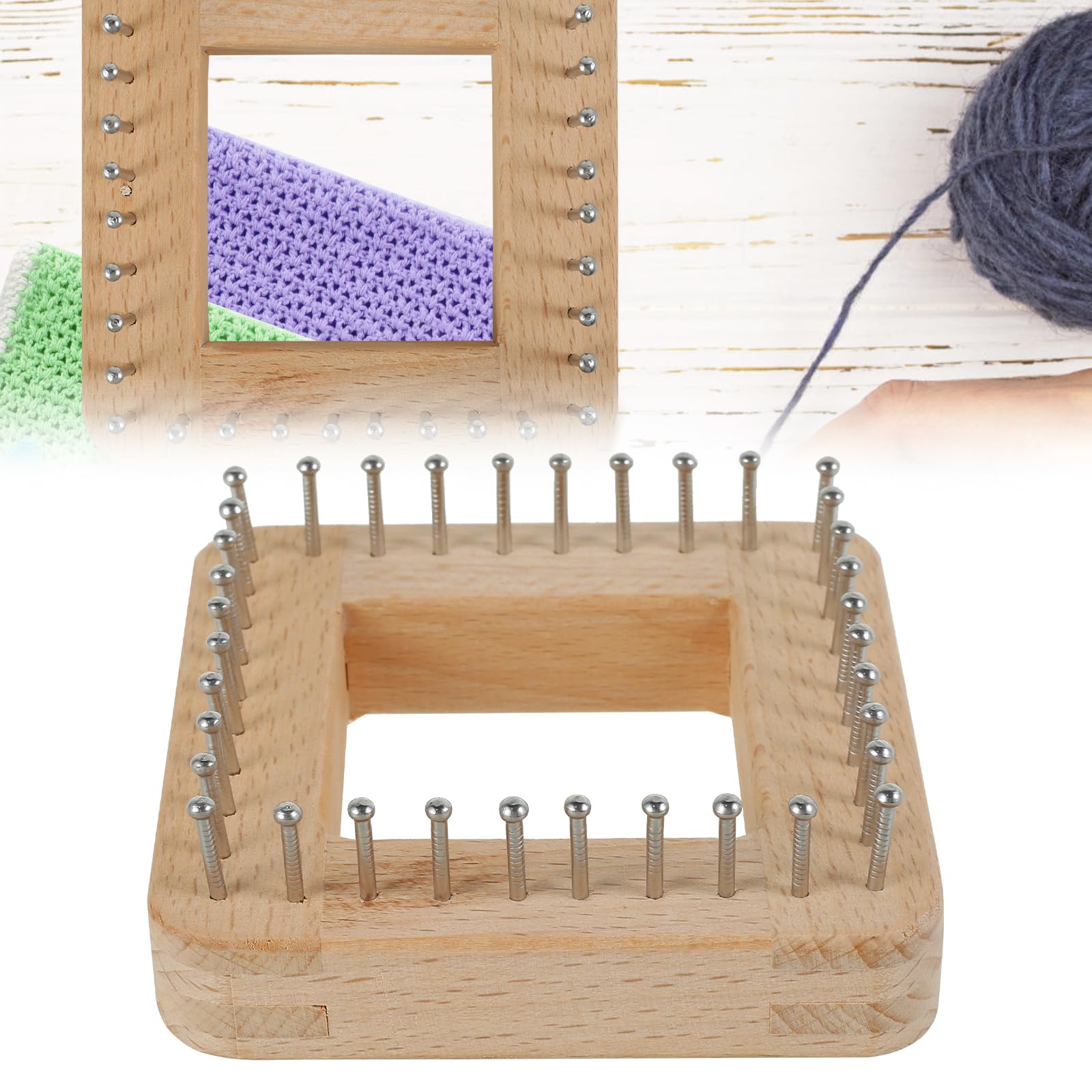 Guijzsltrg 10*10Cm Square Knitting Machine, Beech Wood Knitting Board, Diy Handcraft Weaving Tool With Non Detachable Hooks, Multifunctional Knitting Tools Looms Knitting Kit For Making Cushions Scarves Hats Shawls