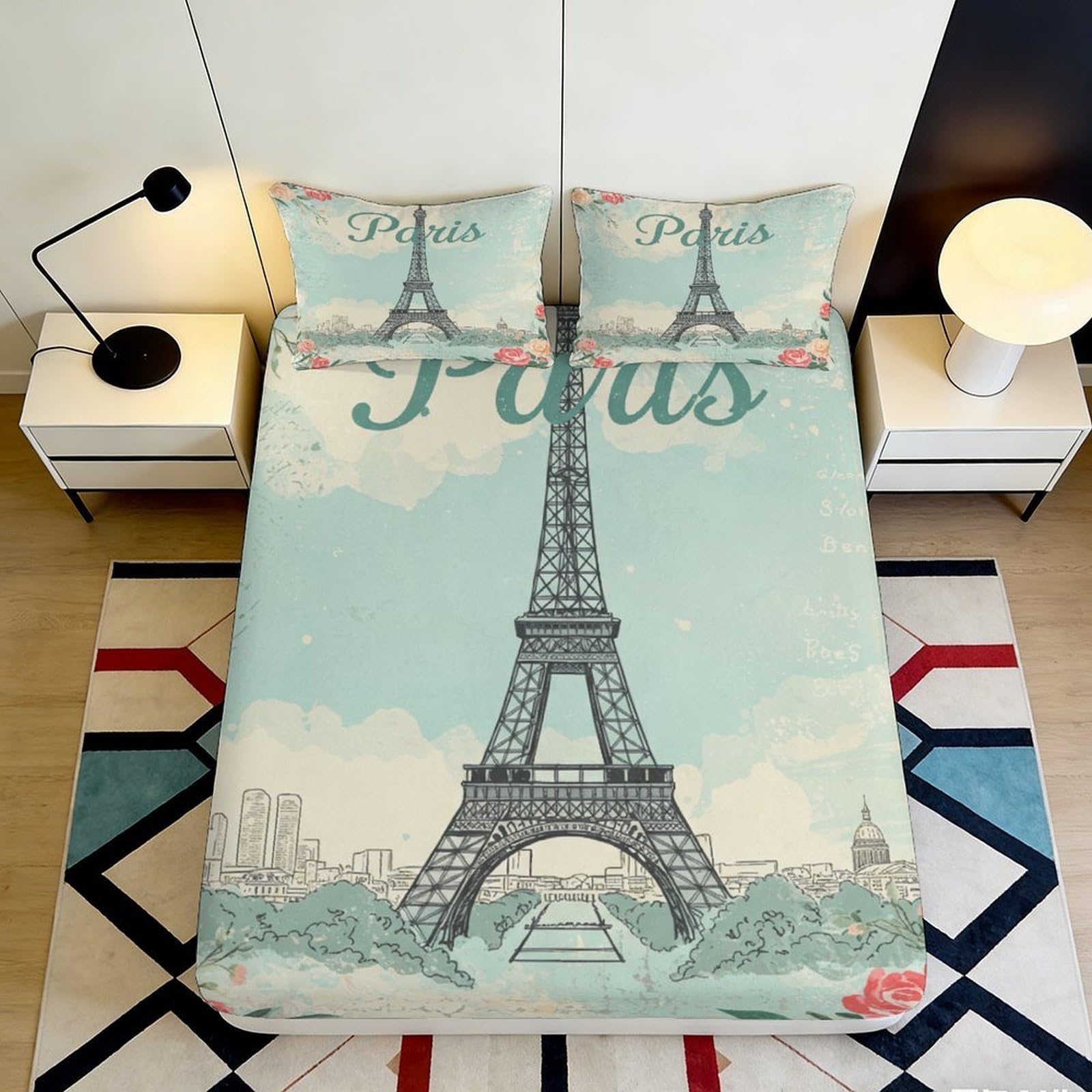 Decorative Paris Eiffel Tower Fitted Sheet 3D Printed, Microfiber Soft Touch, Bedroom Bed Cover, Wrinkle Resistant, Apartment Bedding, Easy Care, Stylish Room Accent 160x200x25cm