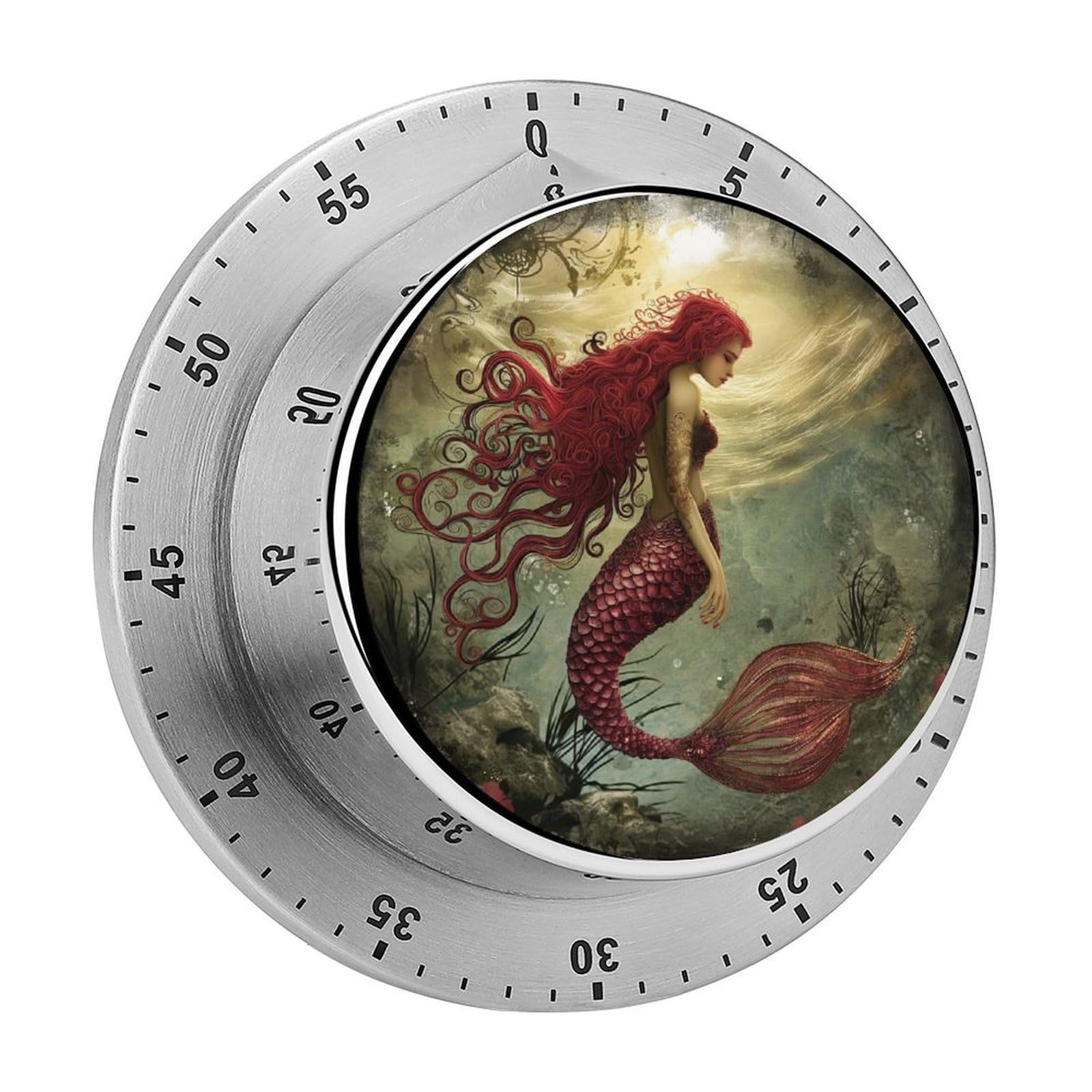 Red Mermaid Kitchen Timer Magnetic Countdown Countup Timer for Cooking Baking 8x8cm