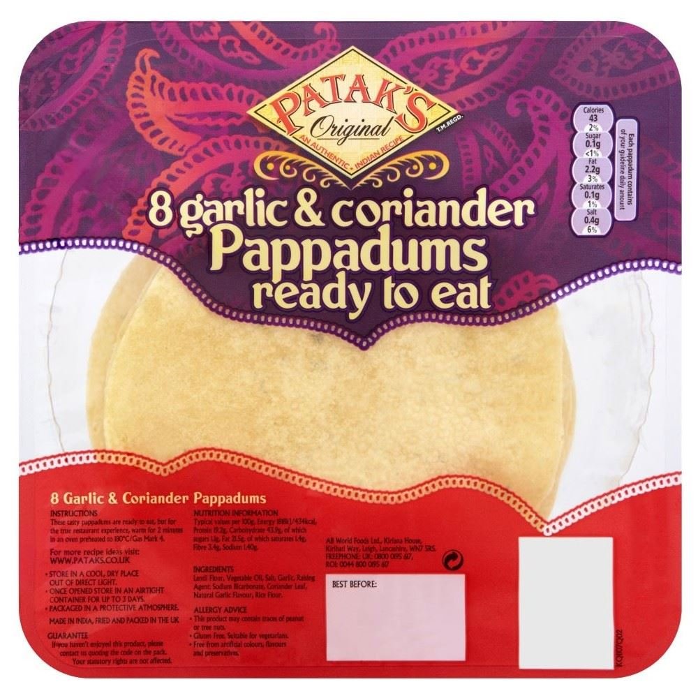 Patak von Garlic & Koriander Ready to Eat Pappadums (8 pro Packung) - Packung mit 2