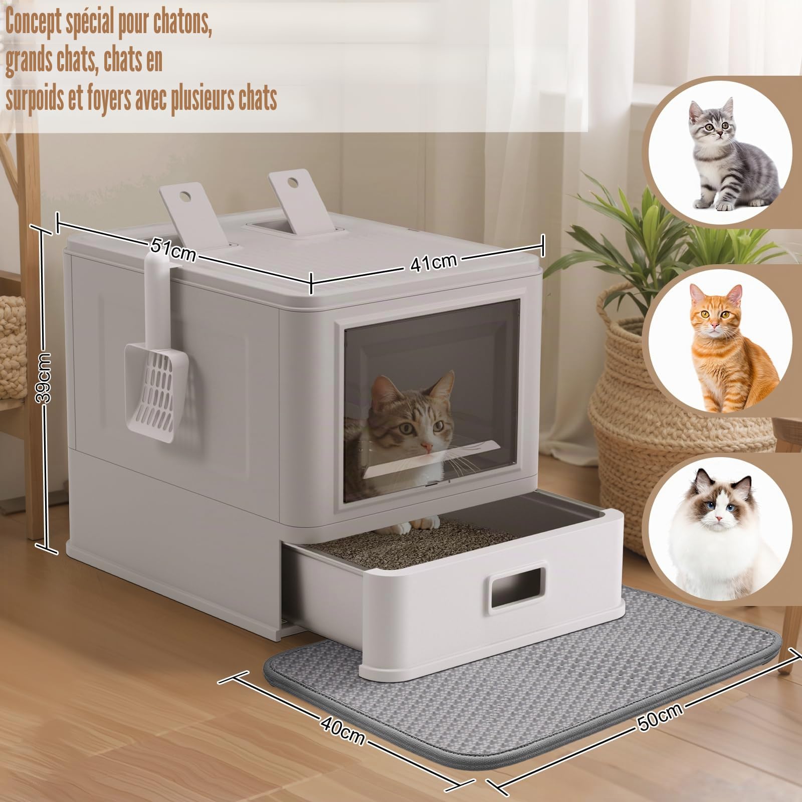 Bac à litière entièrement fermé avec couvercle, sac neutralisant les odeurs, bac à litière pour chat de grande taille, plateau en acier inoxydable extensible avec tapis de litière pour chat jusqu'à 15