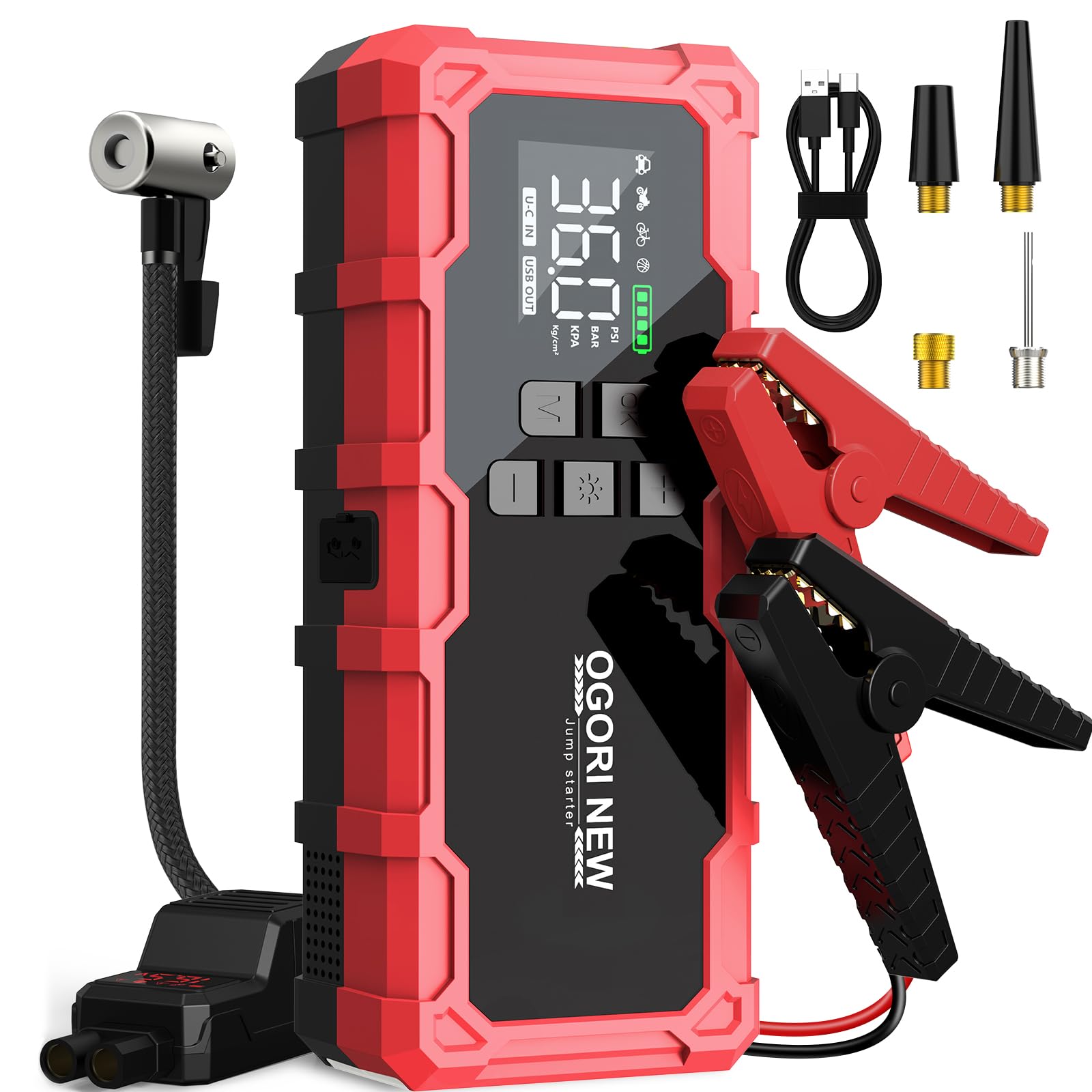Car Battery Jump Starter 6000A, Portable Air Compressor 150 PSI, Car Jump Starter 12V (for 10L Petrol or 8L Diesel) with Intelligent Safety Clips and LED Light